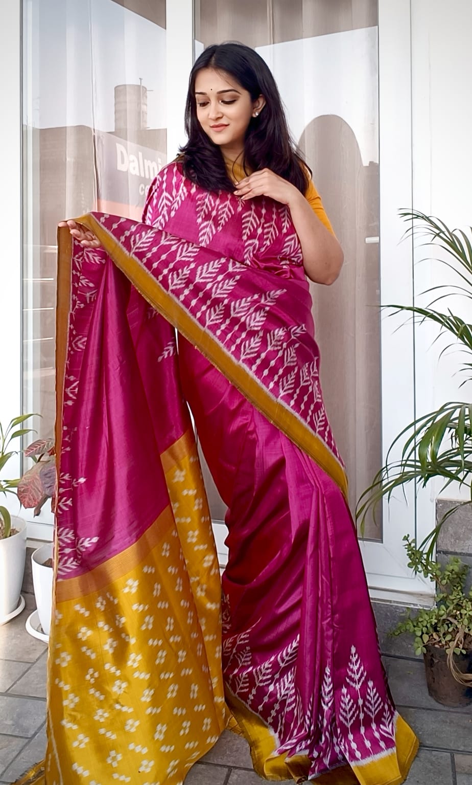 Rani Pink Body With Yellow Body Tree Design Khandua Silk Saree