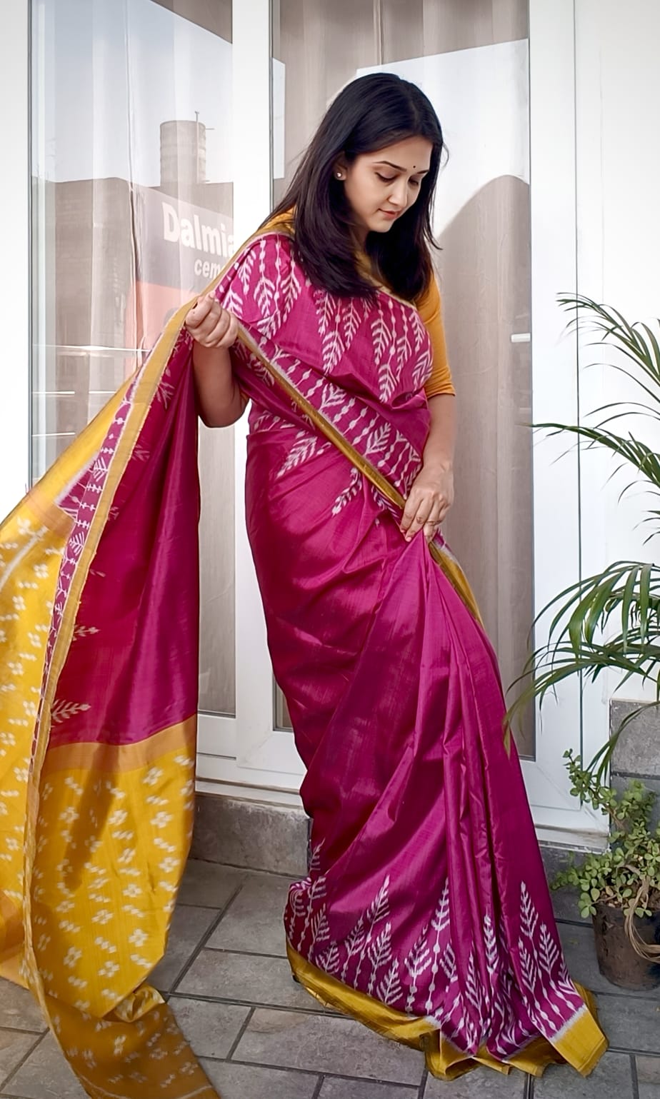 Rani Pink Body With Yellow Body Tree Design Khandua Silk Saree
