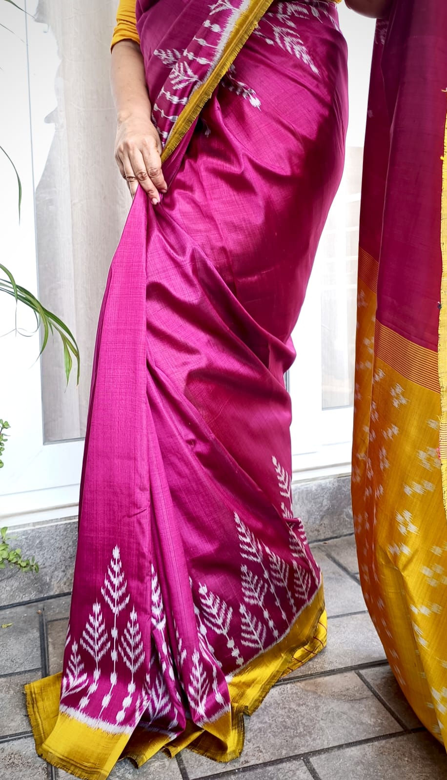 Rani Pink Body With Yellow Body Tree Design Khandua Silk Saree