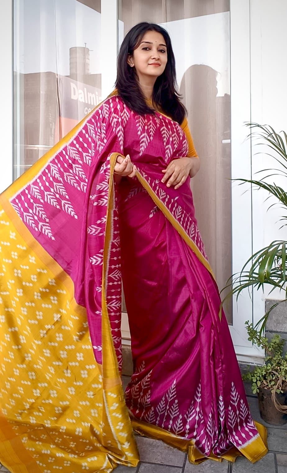 Rani Pink Body With Yellow Body Tree Design Khandua Silk Saree