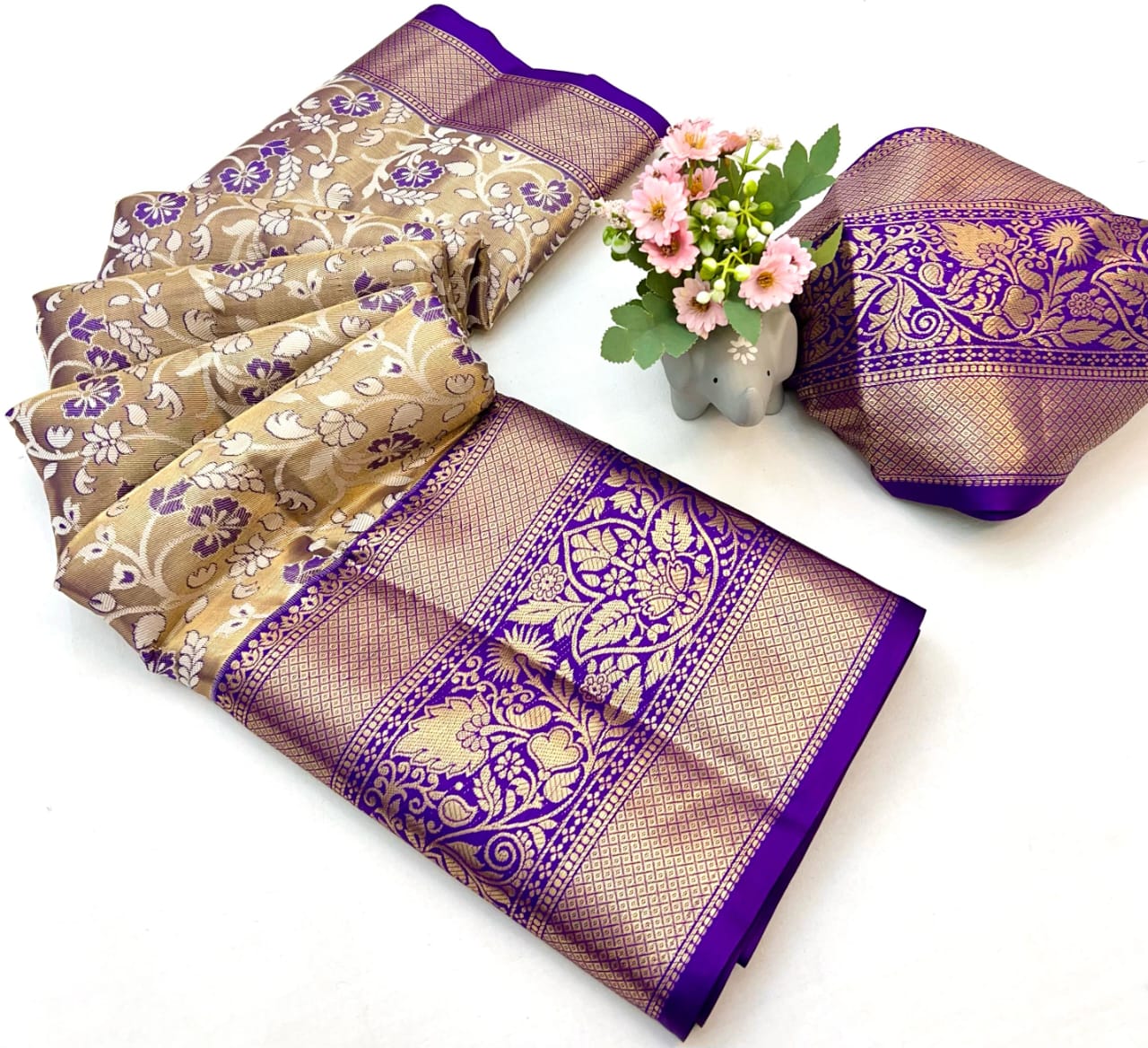 Kanjivaram Silk With Heavy Mina Weaving Saree with Contrast Weaving Brocket Blouse