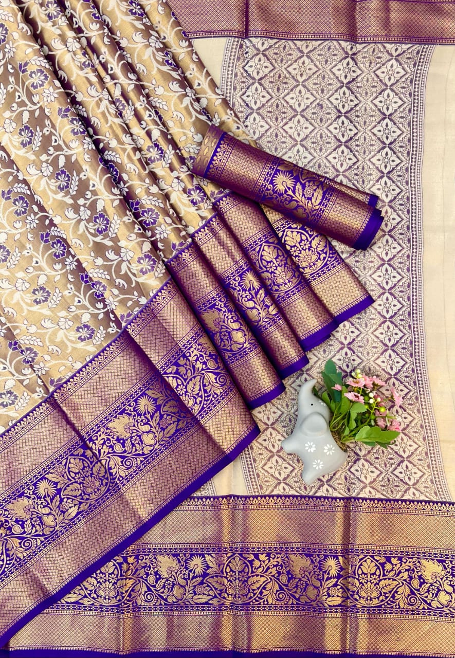 Kanjivaram Silk With Heavy Mina Weaving Saree with Contrast Weaving Brocket Blouse