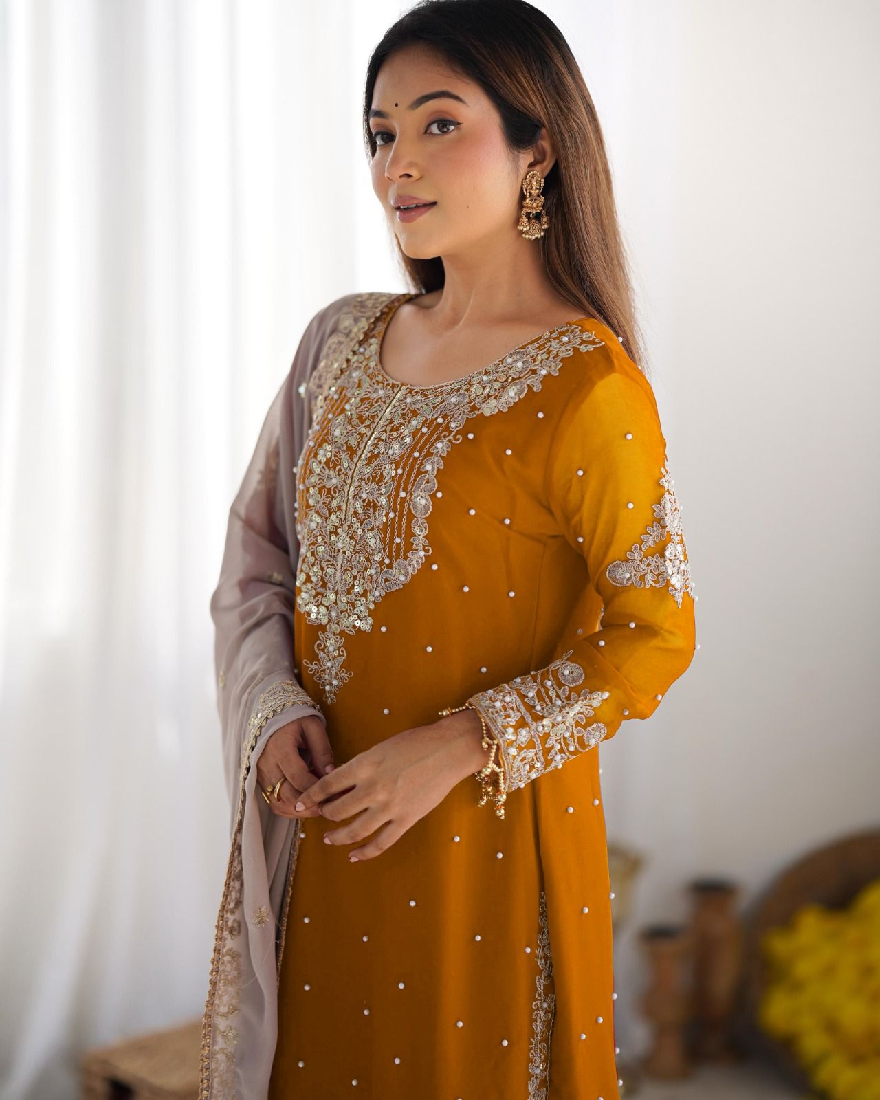 Elegant Heavy Faux Georgette Palazzo Set With Heavy Embroidery Sequence Work