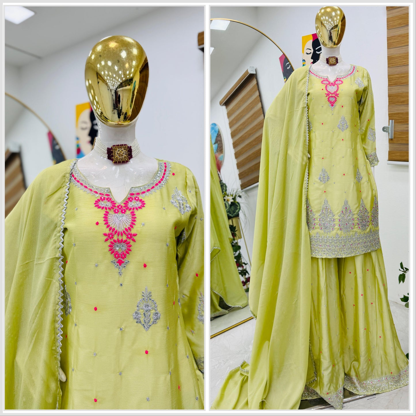 Chinon Silk With Embroidered and Sequin Palazzo Suit