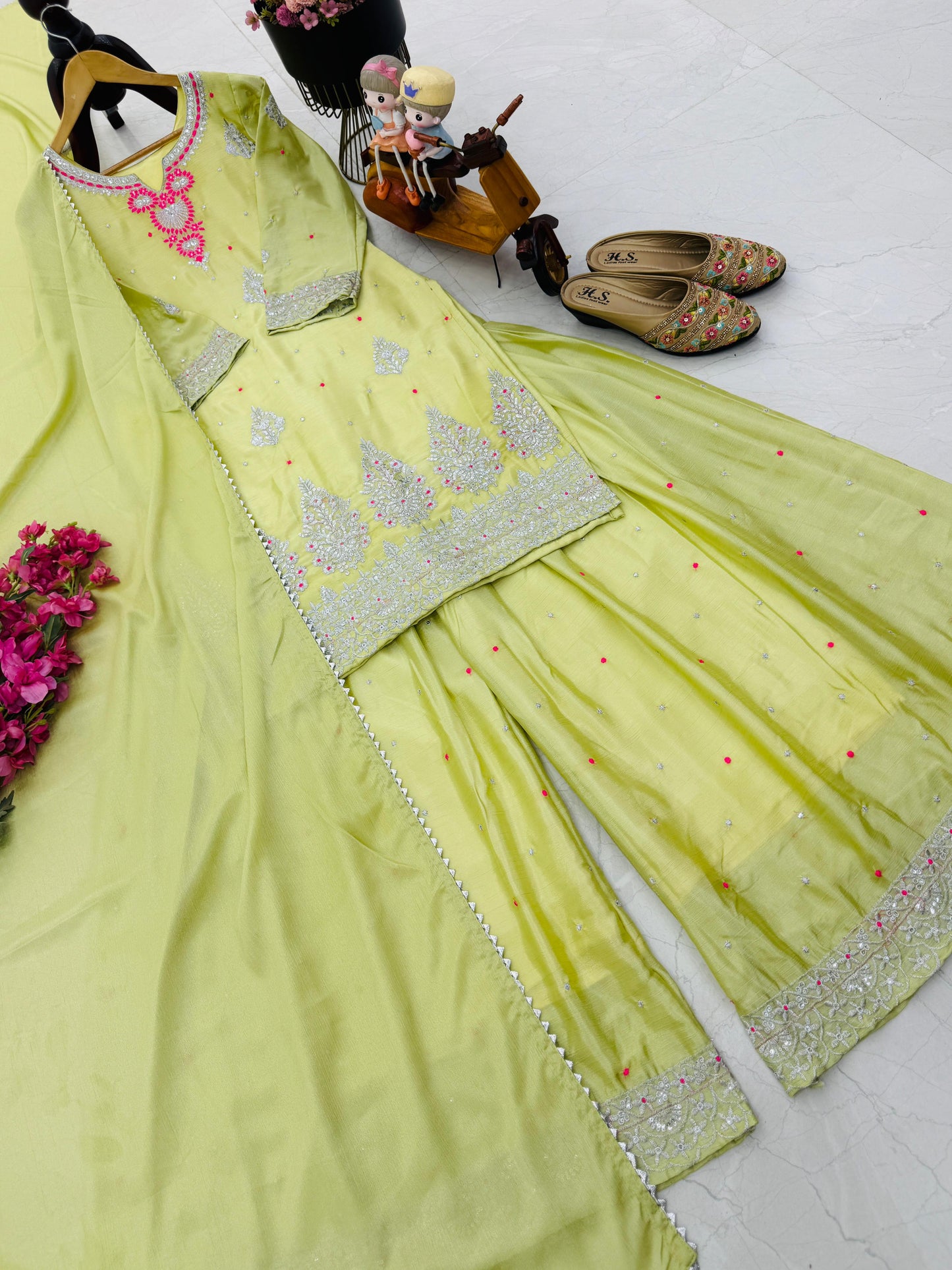 Chinon Silk With Embroidered and Sequin Palazzo Suit