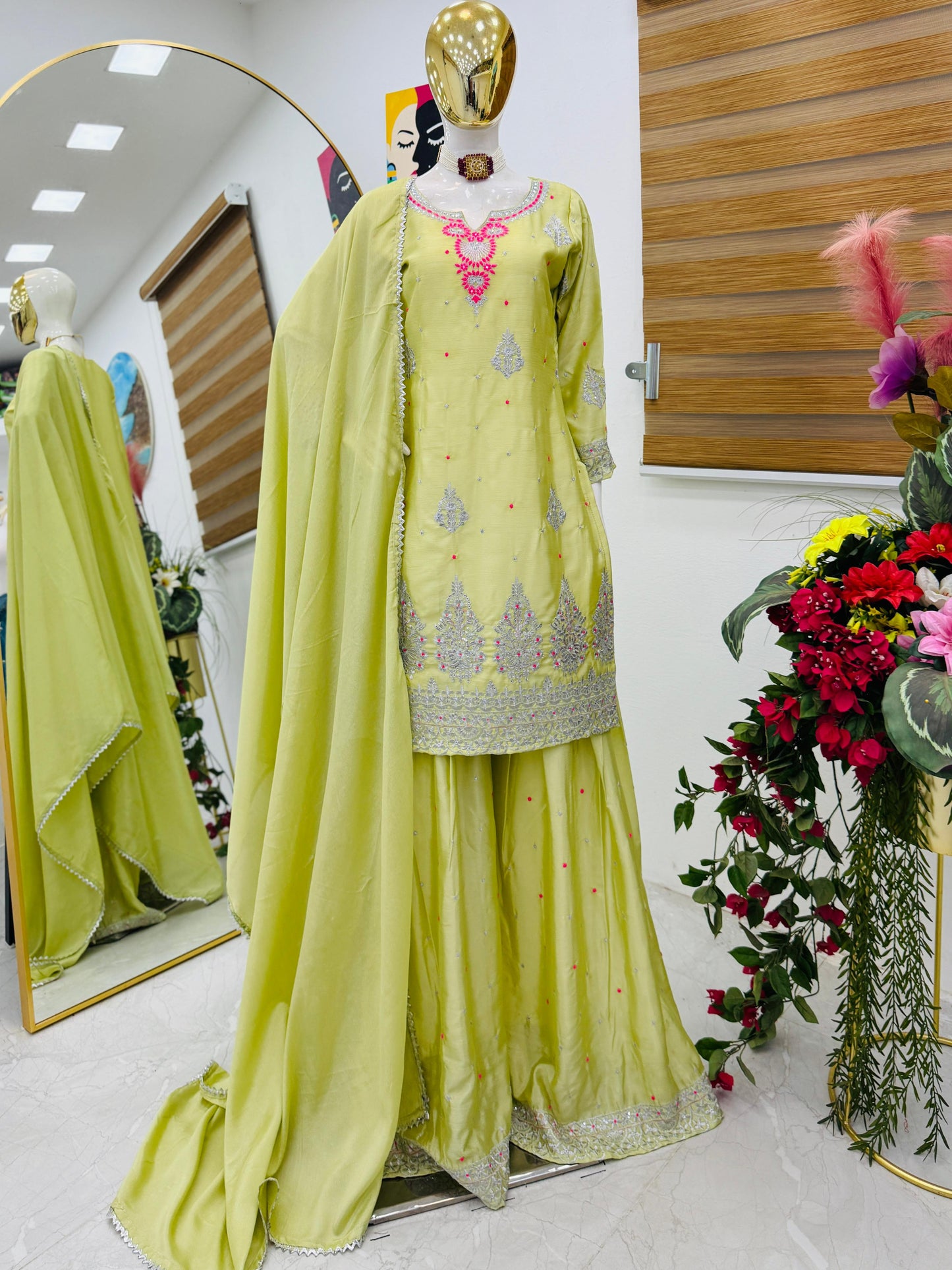 Chinon Silk With Embroidered and Sequin Palazzo Suit
