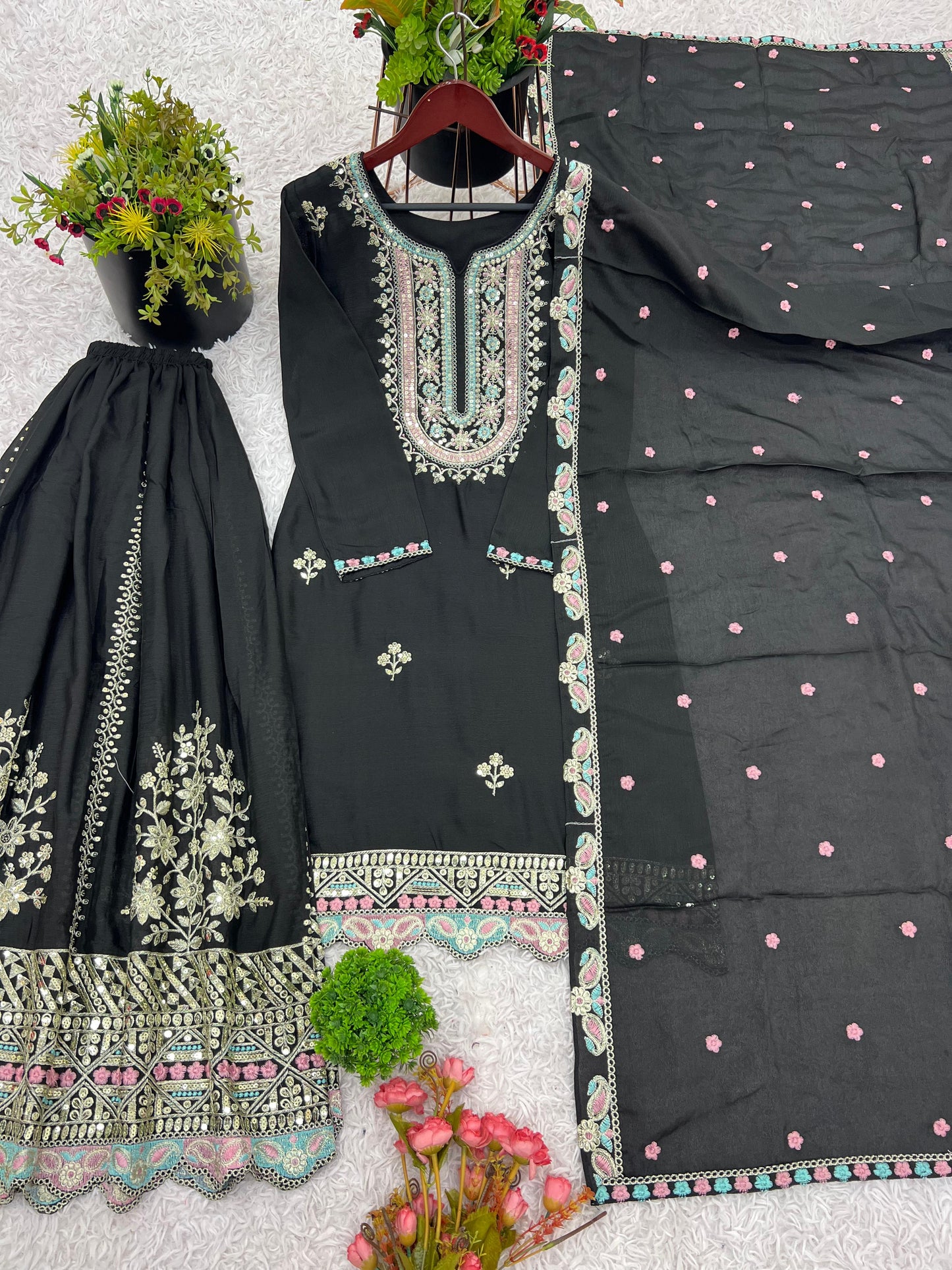 Heavy Chinon Silk With Multi Thread Embroidery Sequence work Sharara Set