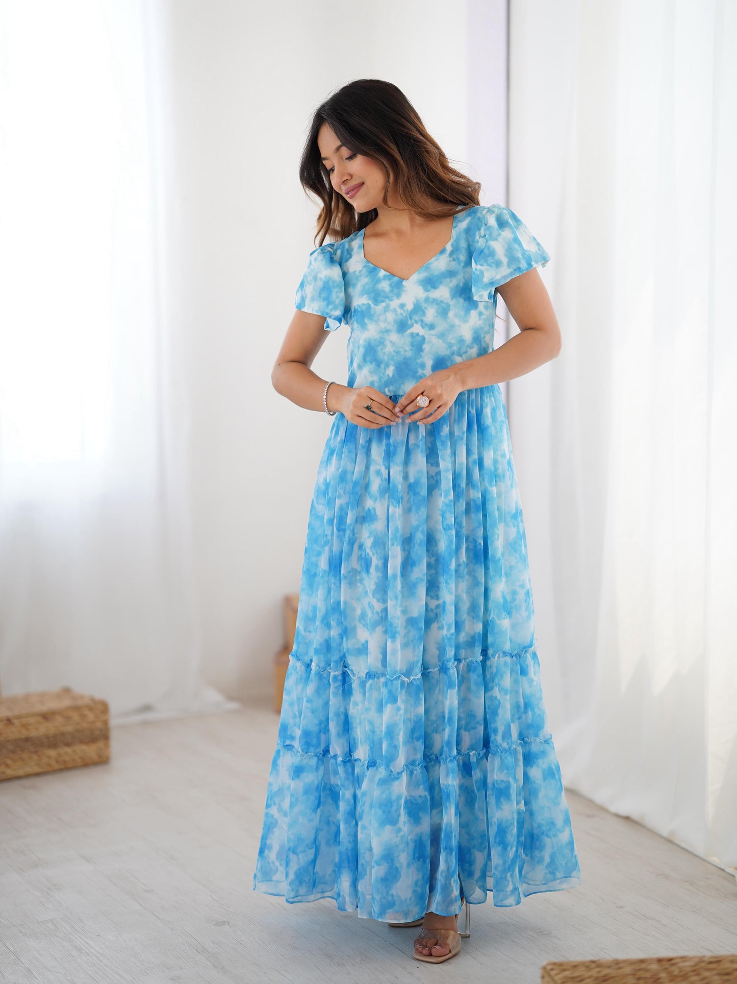 Fancy Georgette Pirnted With Double Frill Pattrens Work One Piece Gown
