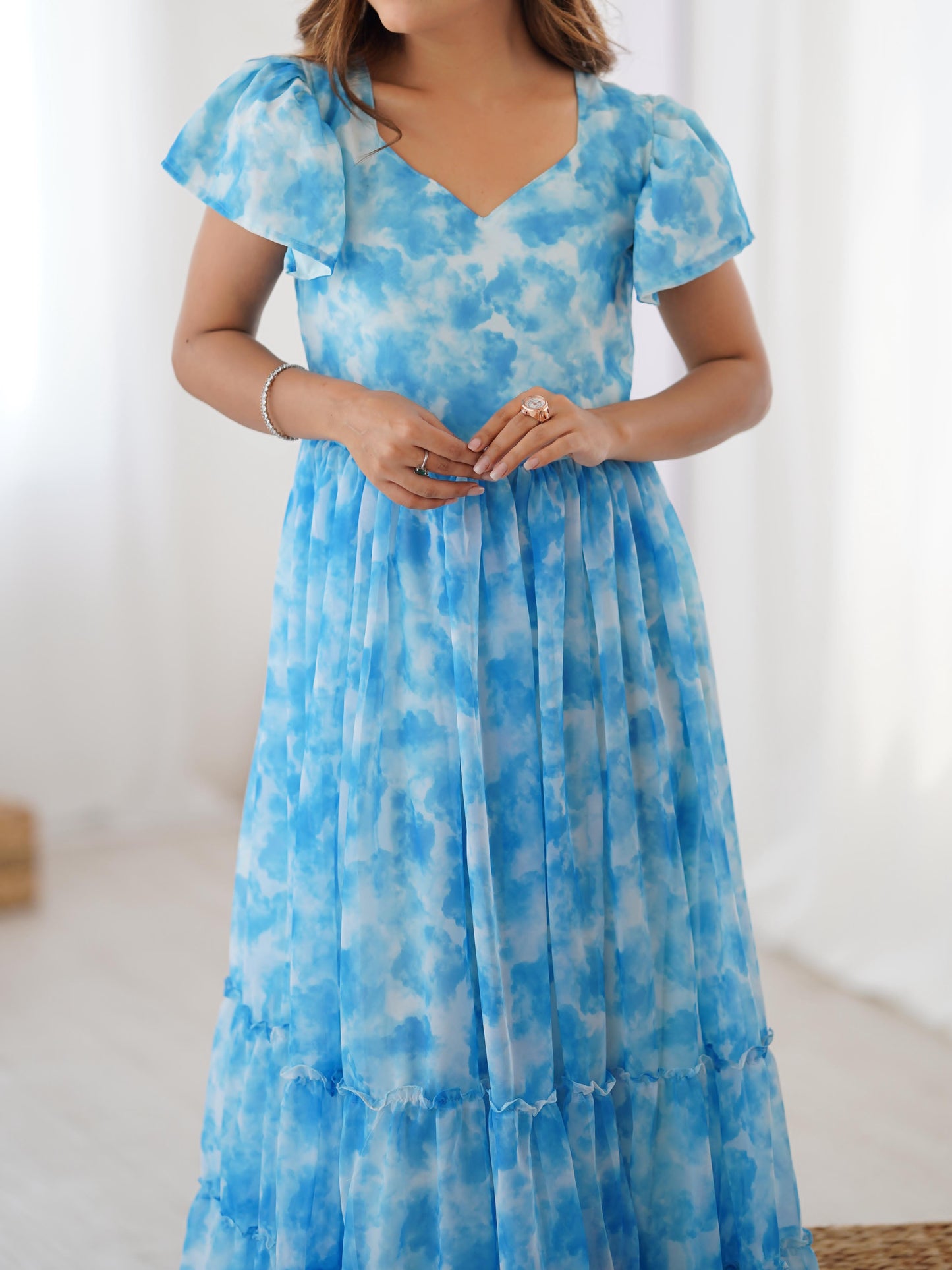 Fancy Georgette Pirnted With Double Frill Pattrens Work One Piece Gown