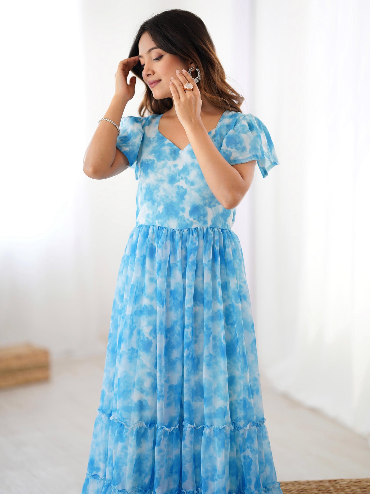 Fancy Georgette Pirnted With Double Frill Pattrens Work One Piece Gown