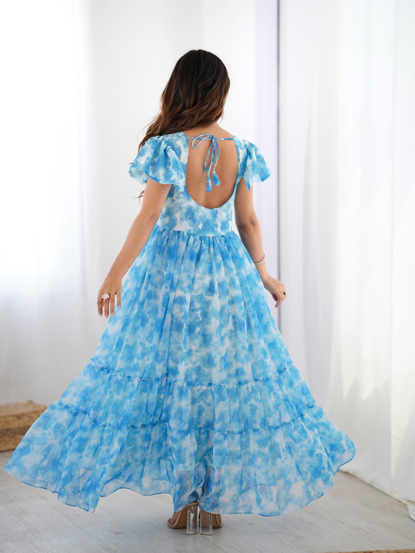 Fancy Georgette Pirnted With Double Frill Pattrens Work One Piece Gown