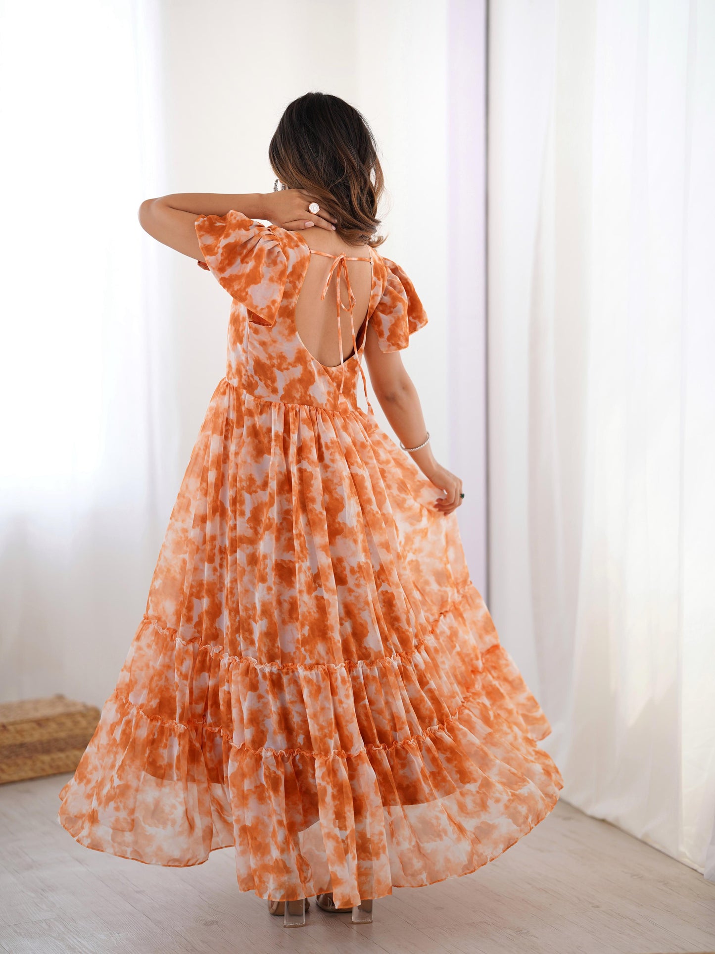 Fancy Georgette Pirnted With Double Frill Pattrens Work One Piece Gown