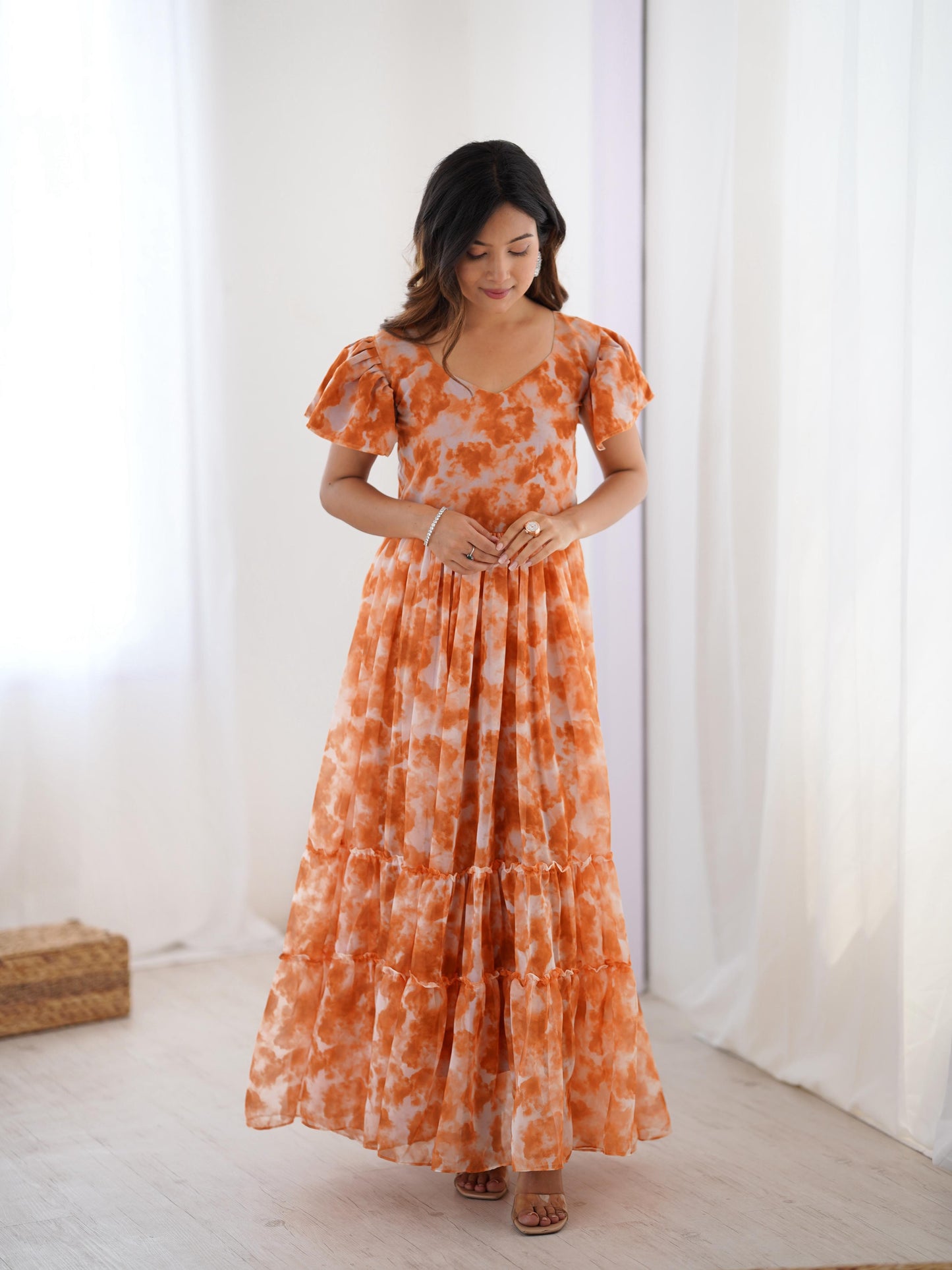 Fancy Georgette Pirnted With Double Frill Pattrens Work One Piece Gown