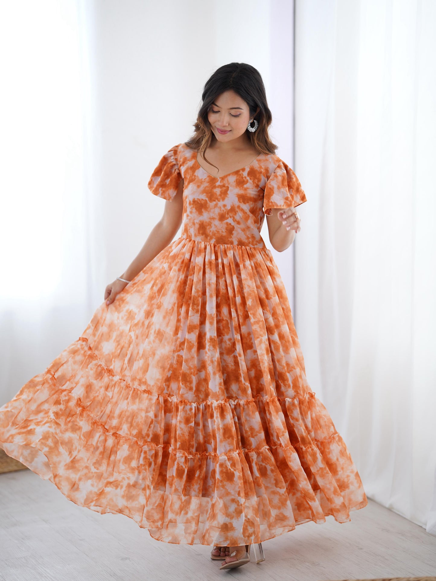 Fancy Georgette Pirnted With Double Frill Pattrens Work One Piece Gown