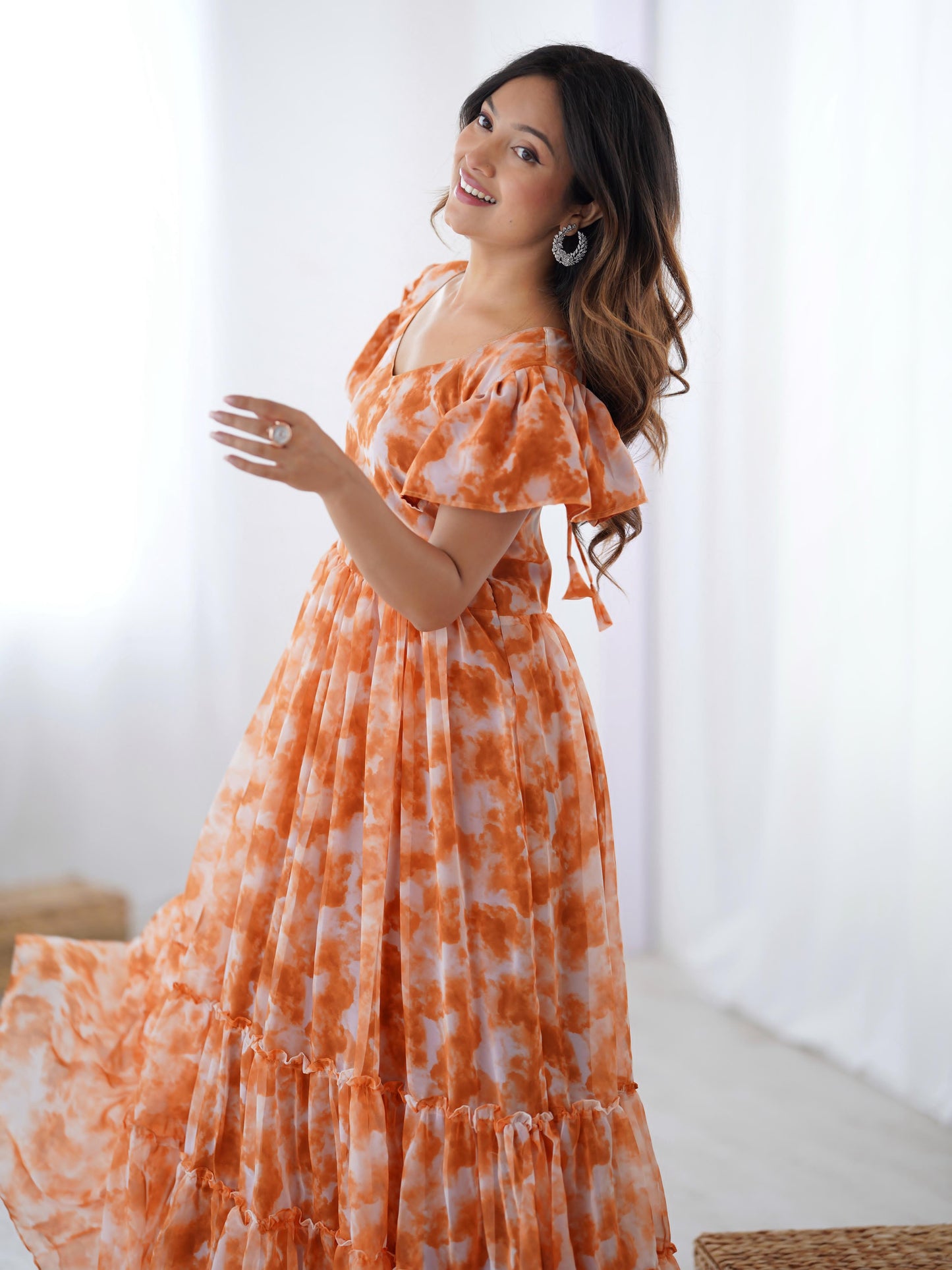 Fancy Georgette Pirnted With Double Frill Pattrens Work One Piece Gown