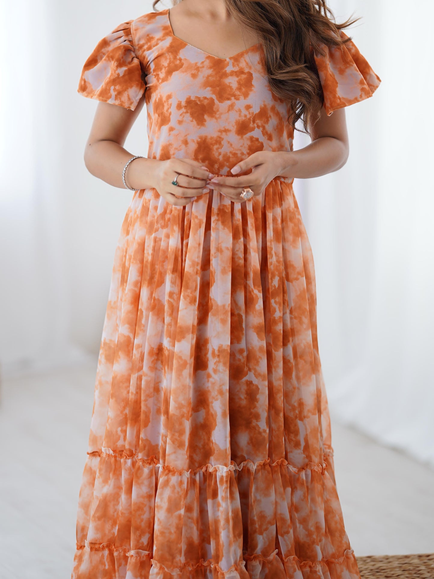 Fancy Georgette Pirnted With Double Frill Pattrens Work One Piece Gown
