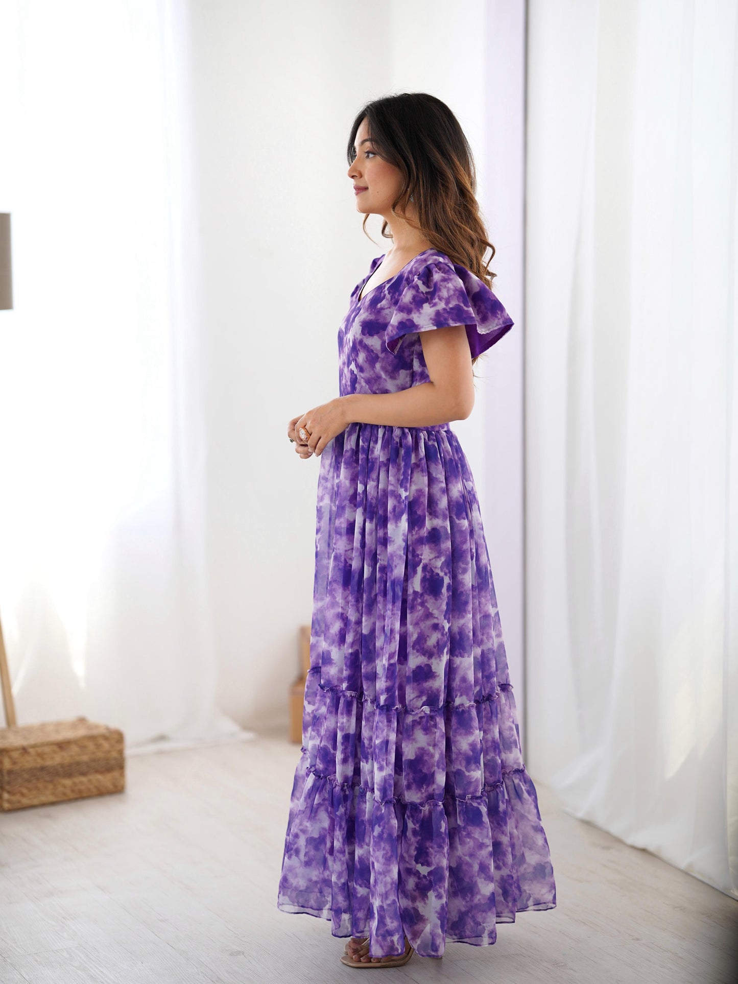 Fancy Georgette Pirnted With Double Frill Pattrens Work One Piece Gown