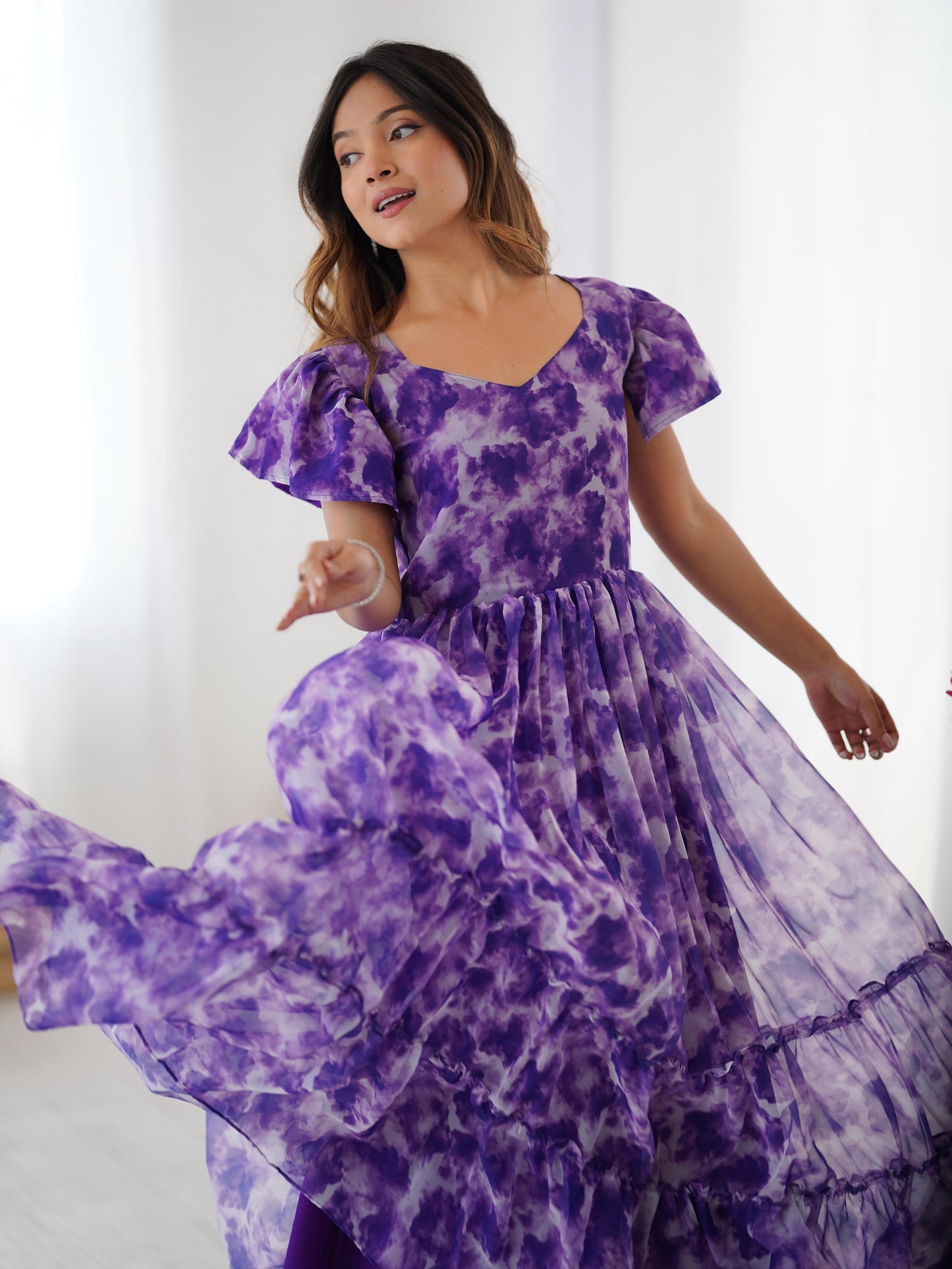 Fancy Georgette Pirnted With Double Frill Pattrens Work One Piece Gown