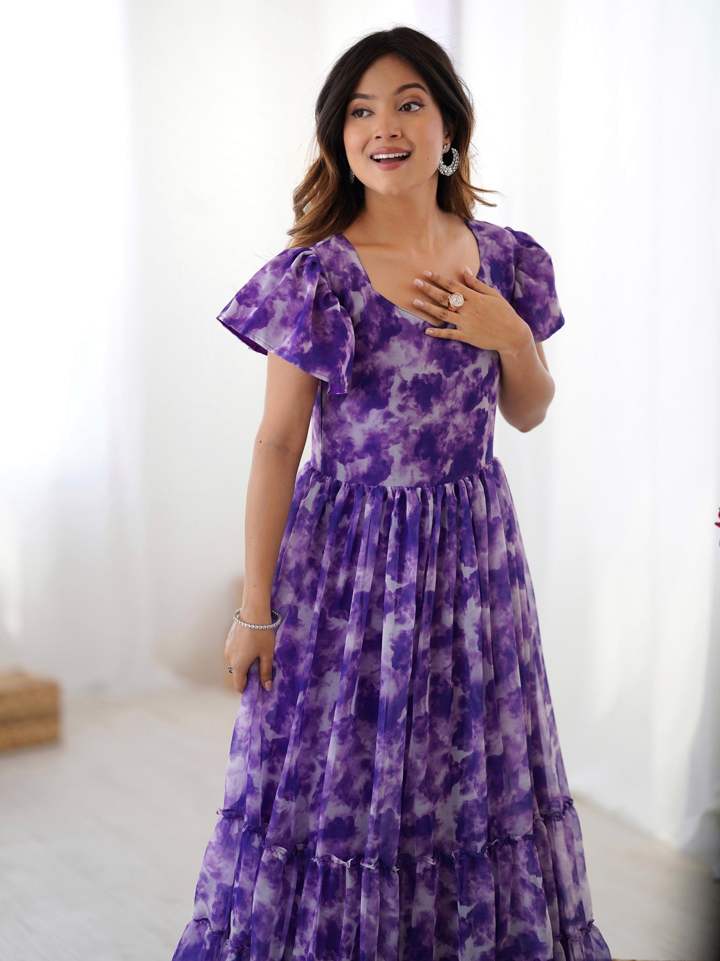 Fancy Georgette Pirnted With Double Frill Pattrens Work One Piece Gown