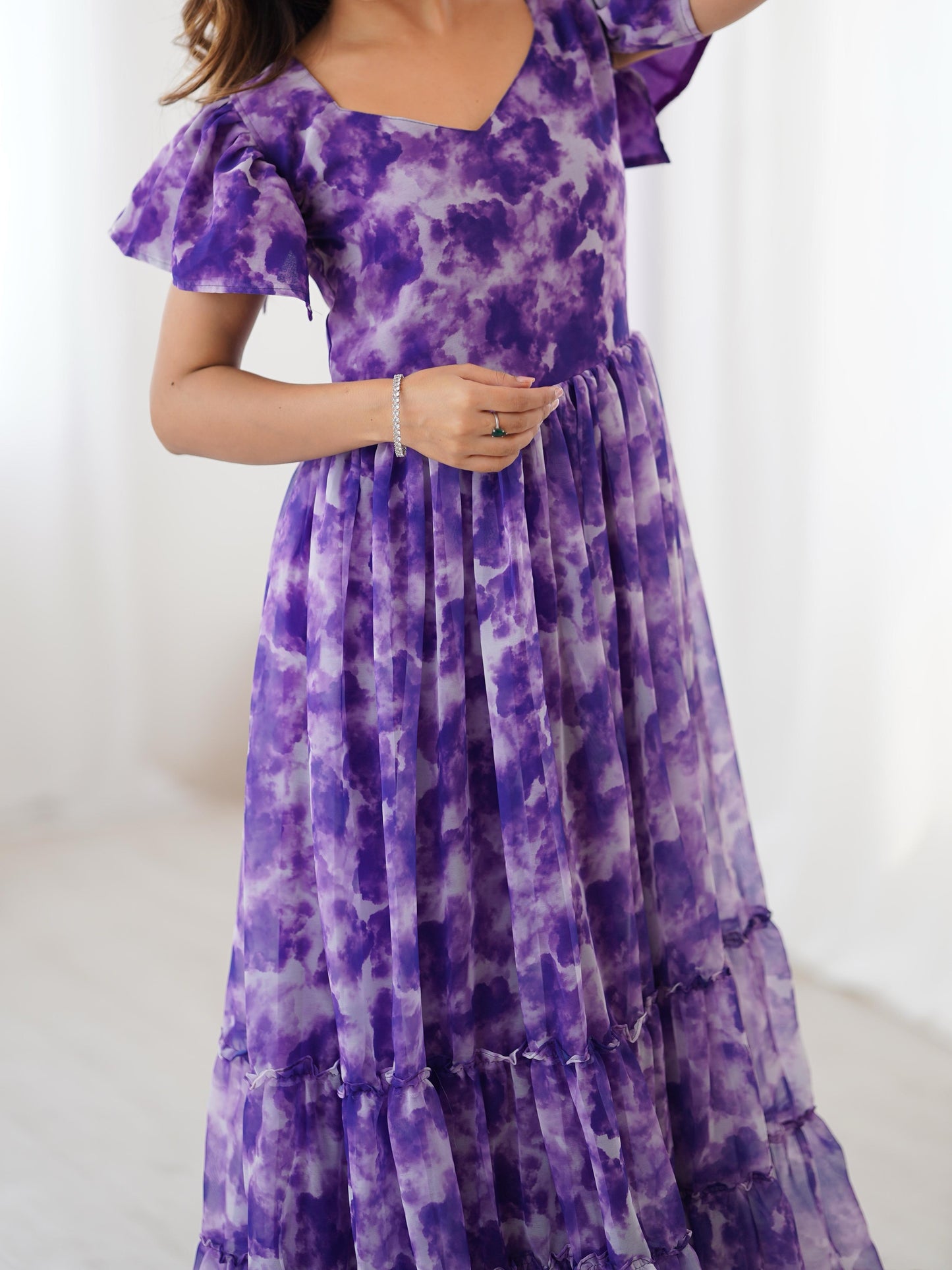 Fancy Georgette Pirnted With Double Frill Pattrens Work One Piece Gown