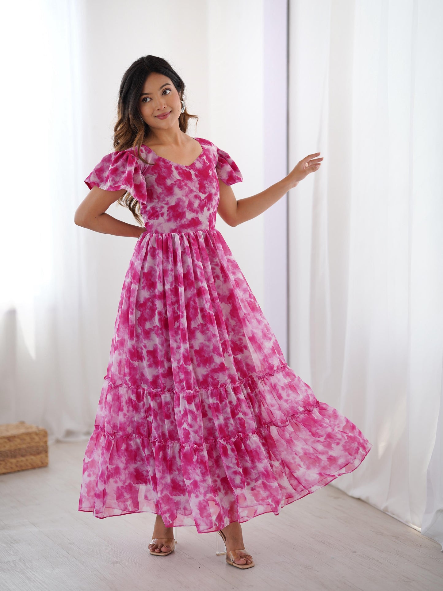 Fancy Georgette Pirnted With Double Frill Pattrens Work One Piece Gown