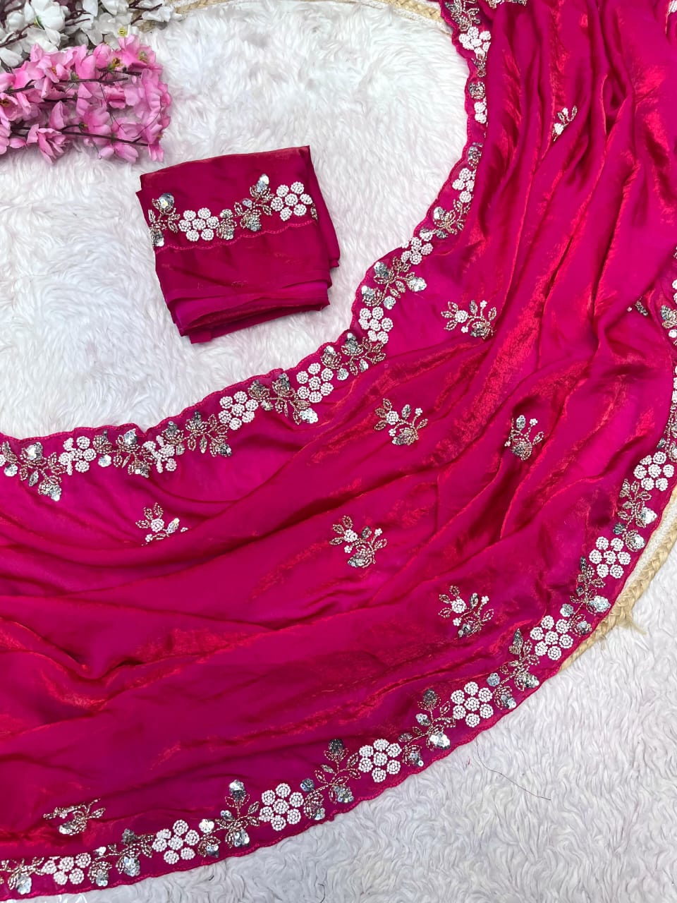 Shimmering Fandy Satin Silk Saree With Embroidered Work