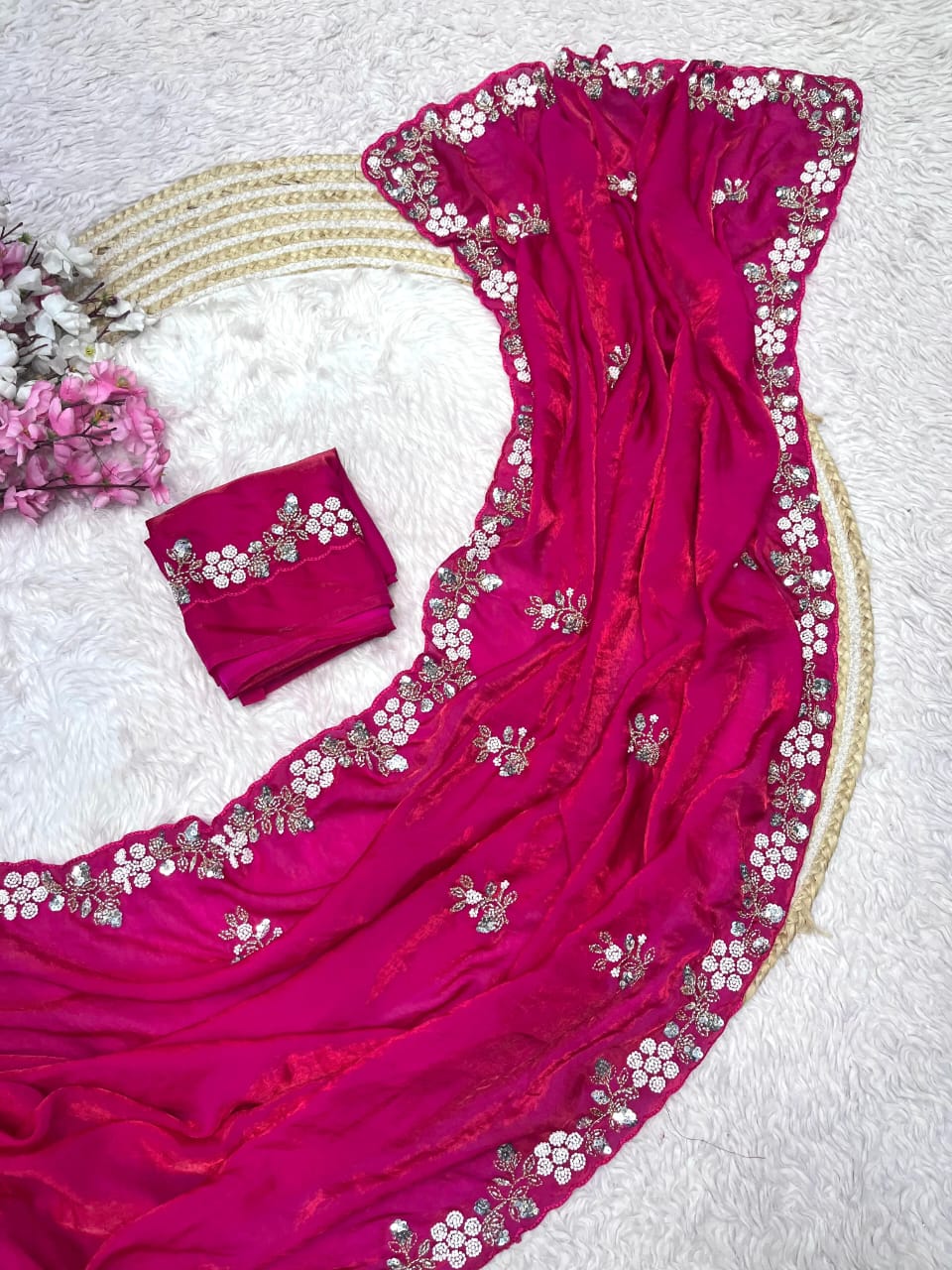 Shimmering Fandy Satin Silk Saree With Embroidered Work