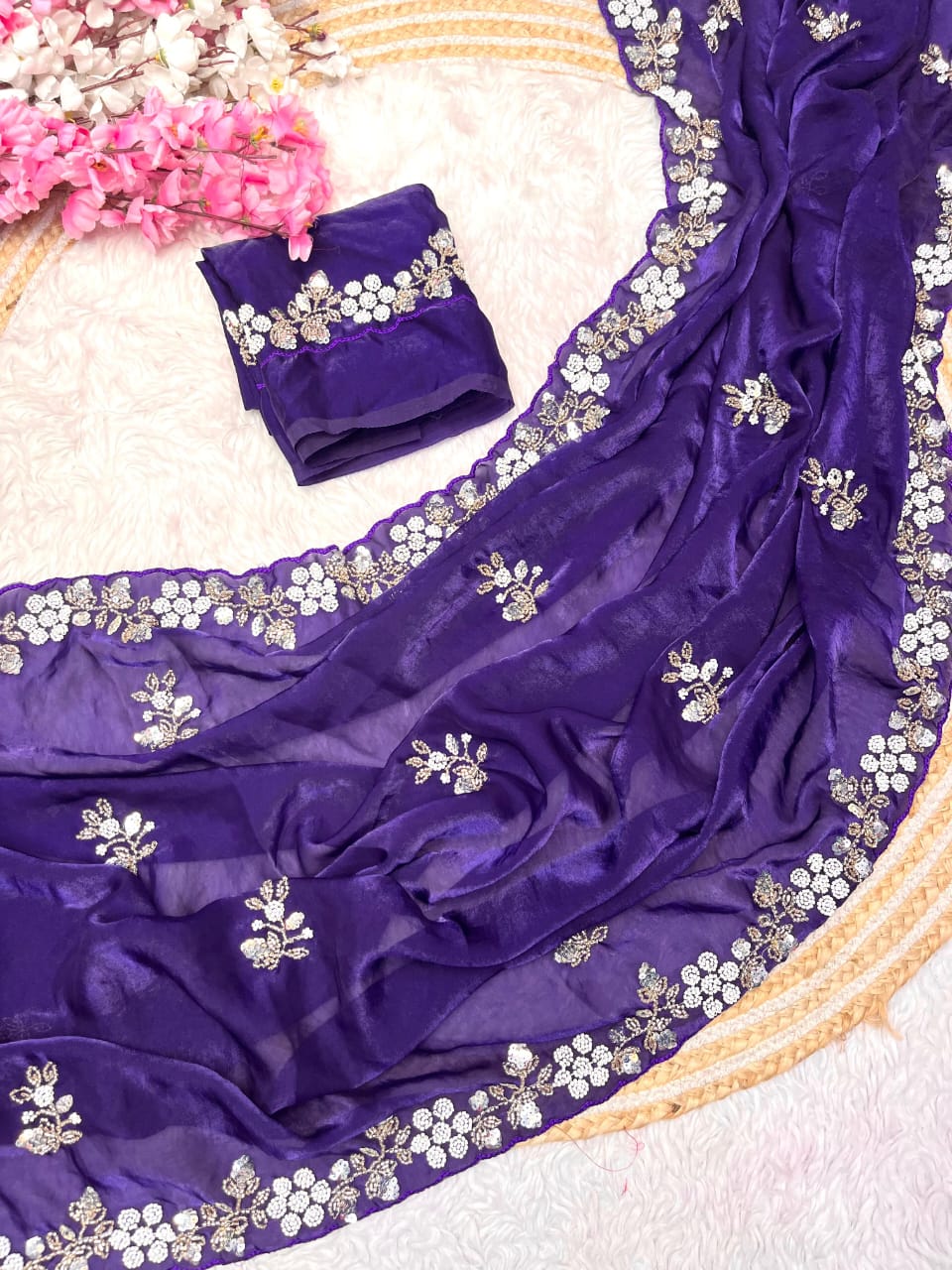 Shimmering Fandy Satin Silk Saree With Embroidered Work