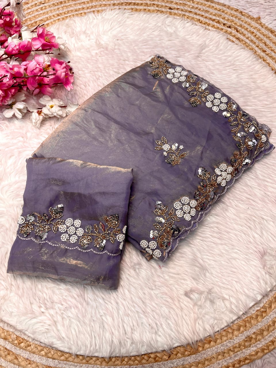 Shimmering Fandy Satin Silk Saree With Embroidered Work