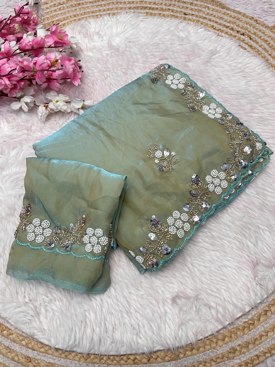 Shimmering Fandy Satin Silk Saree With Embroidered Work