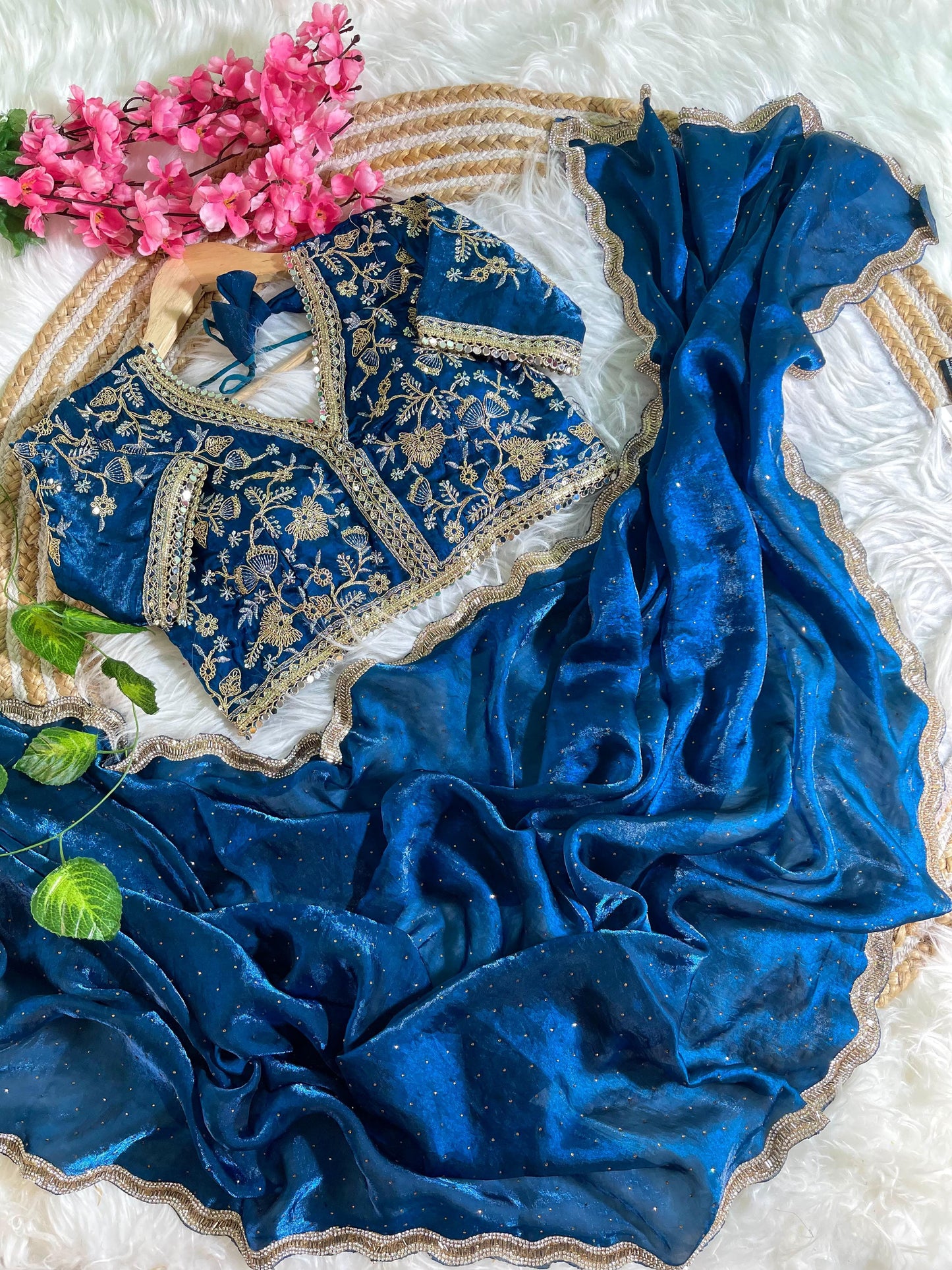 Fancy Satin Silk Saree With Embroidered Thread Work Saree & Jharkhand Border