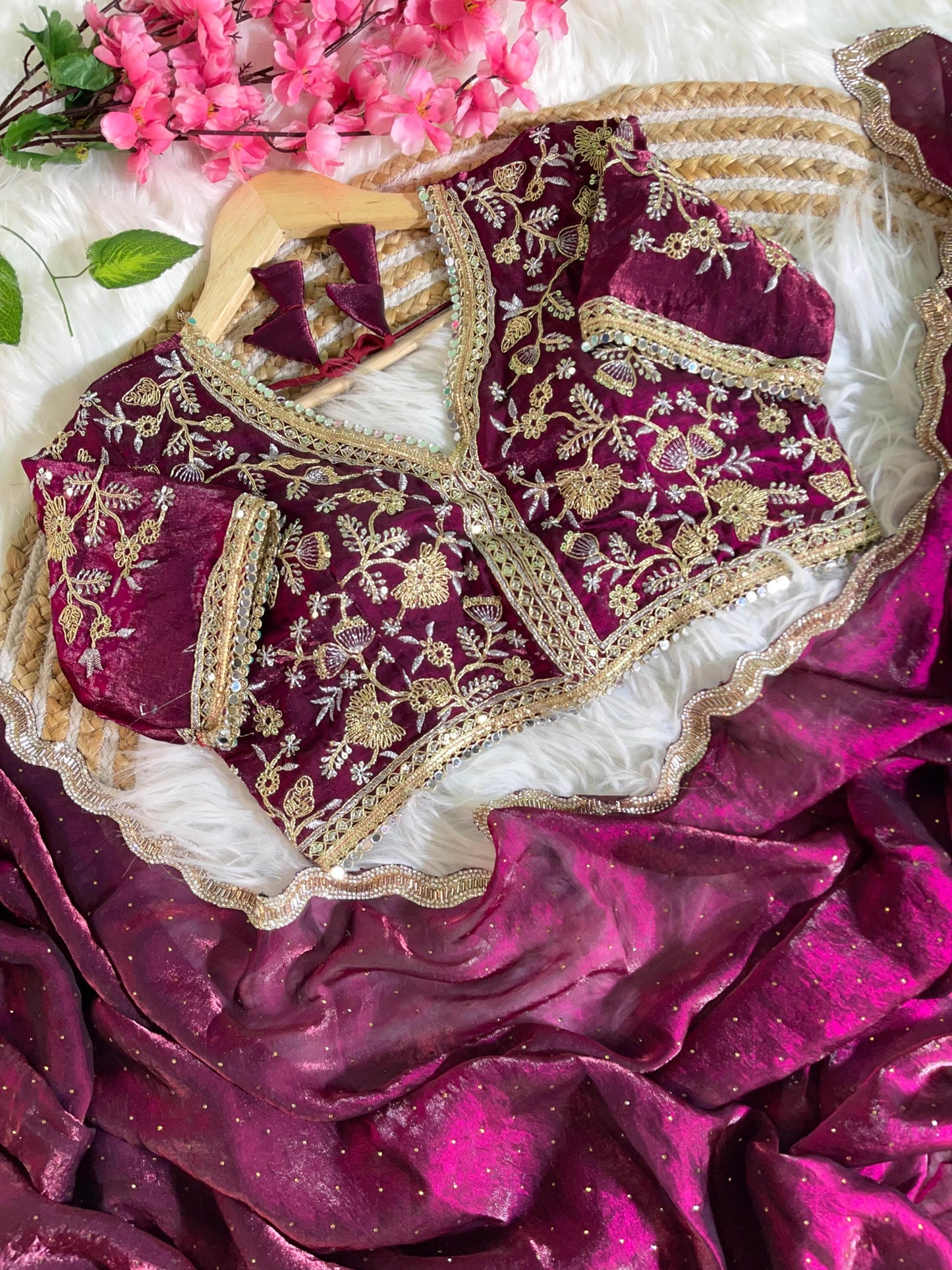 Fancy Satin Silk Saree With Embroidered Thread Work Saree & Jharkhand Border