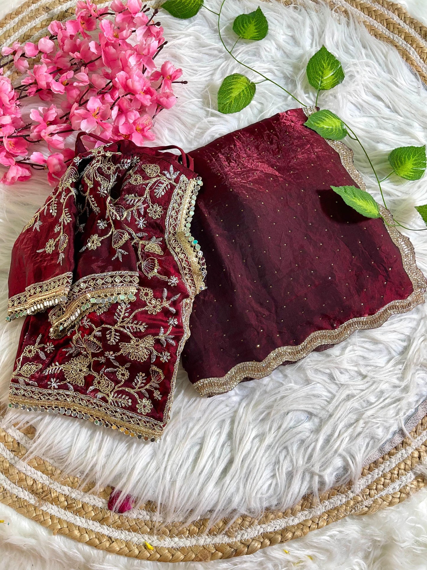 Fancy Satin Silk Saree With Embroidered Thread Work Saree & Jharkhand Border