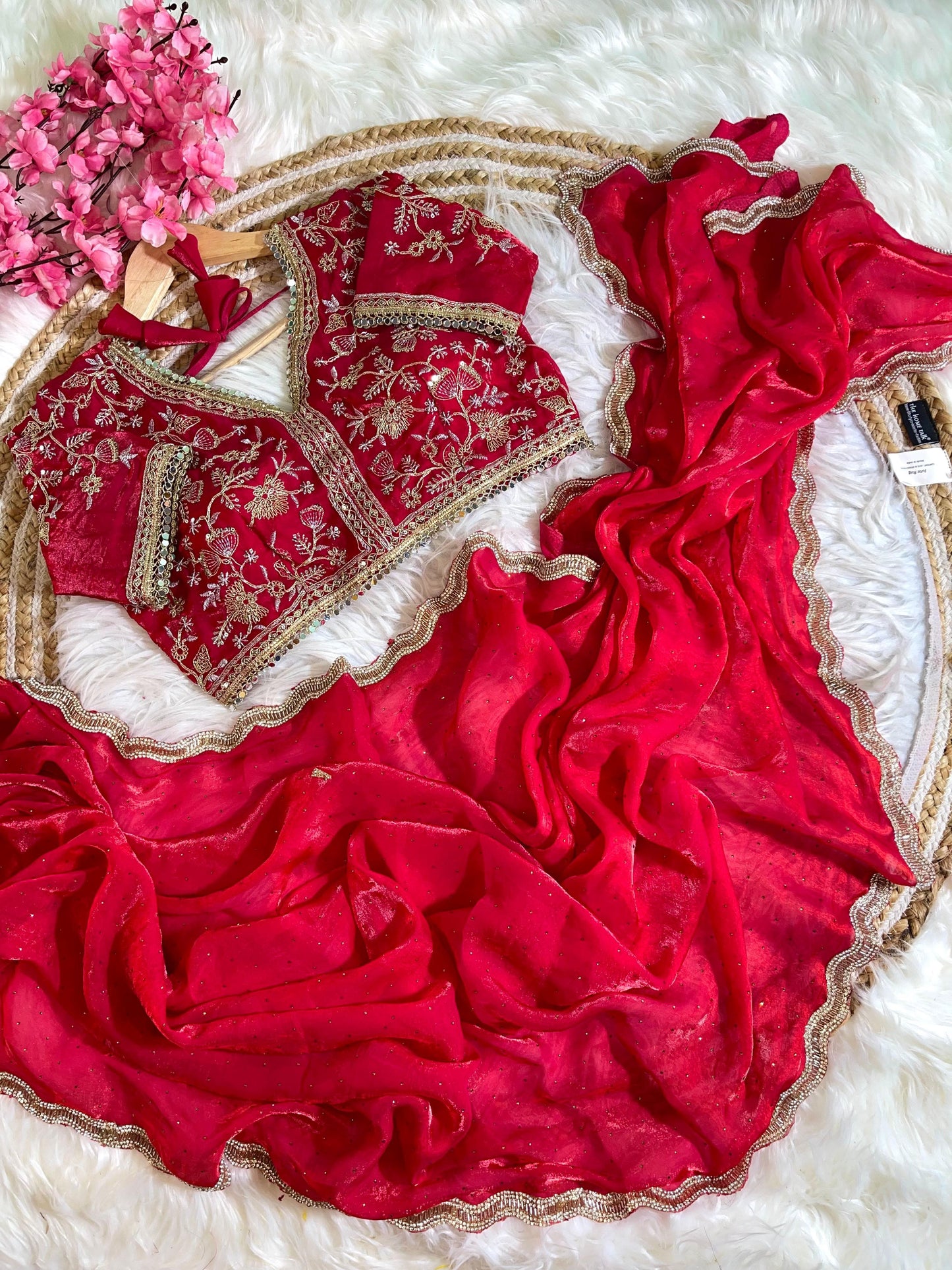 Fancy Satin Silk Saree With Embroidered Thread Work Saree & Jharkhand Border