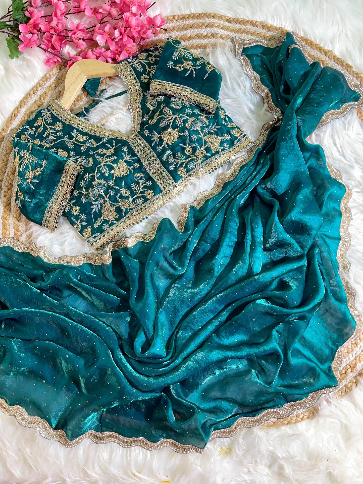 Fancy Satin Silk Saree With Embroidered Thread Work Saree & Jharkhand Border