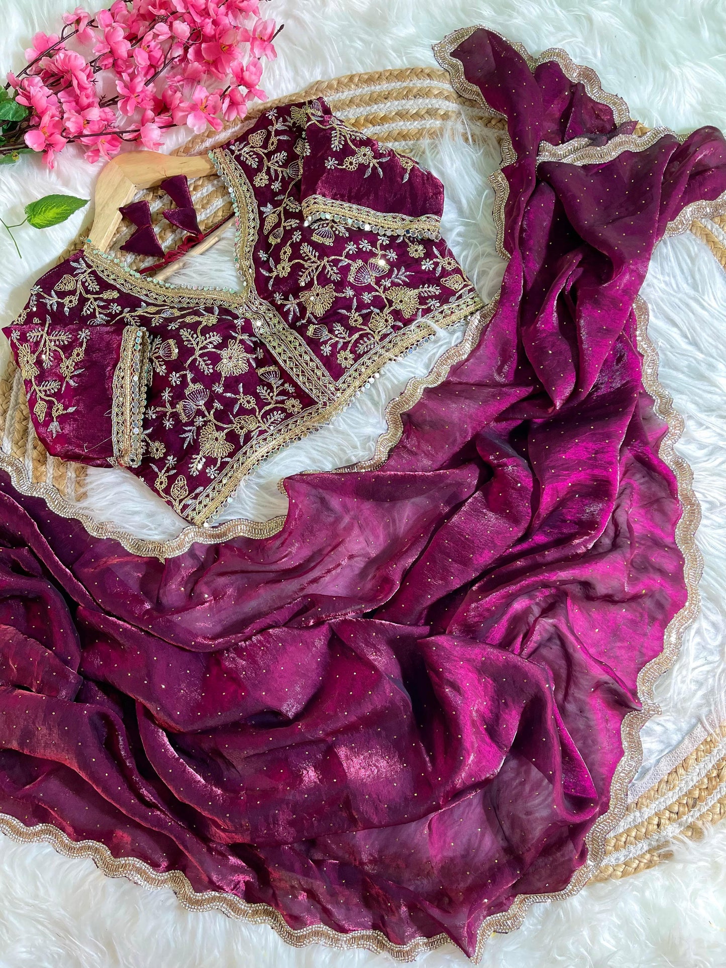 Fancy Satin Silk Saree With Embroidered Thread Work Saree & Jharkhand Border
