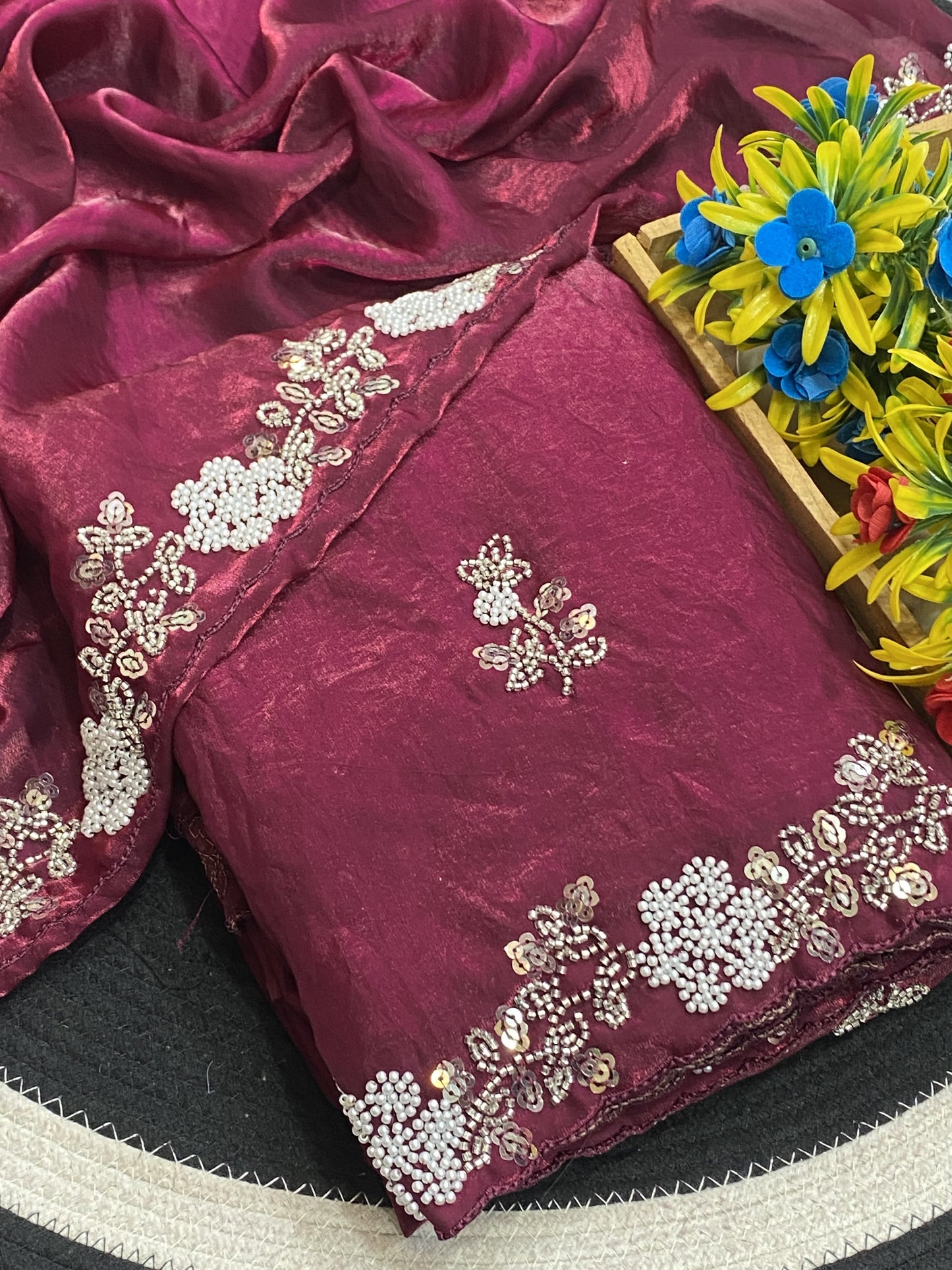 Fendy Satin Silk Embroidered Saree