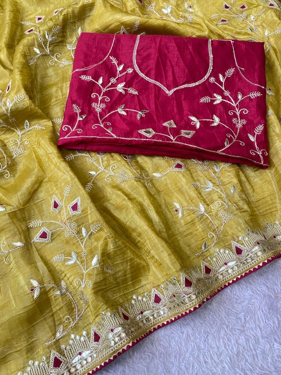 Beautiful multi-coding daga & gota embroidery border designer saree with c pallu work