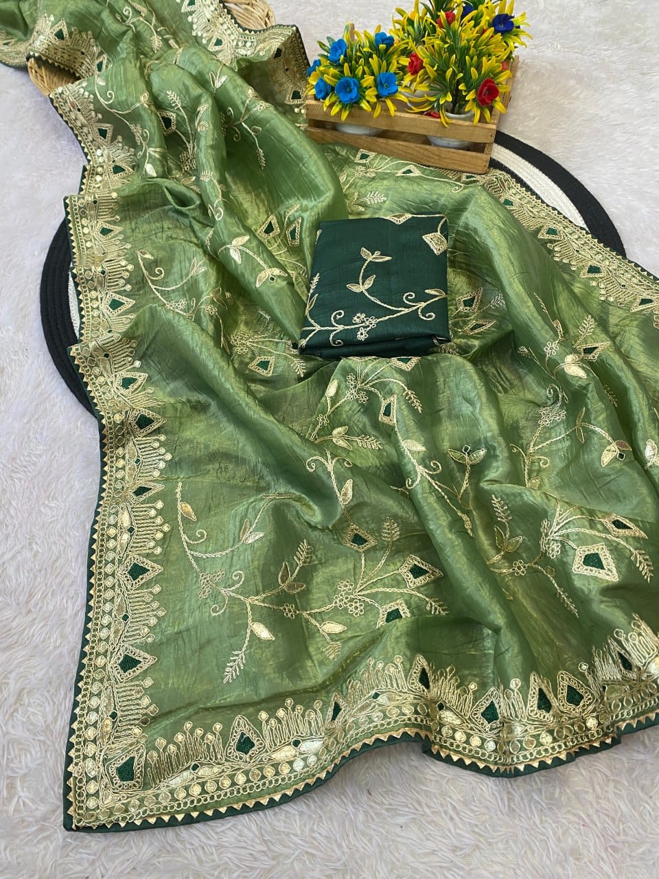 Beautiful multi-coding daga & gota embroidery border designer saree with c pallu work