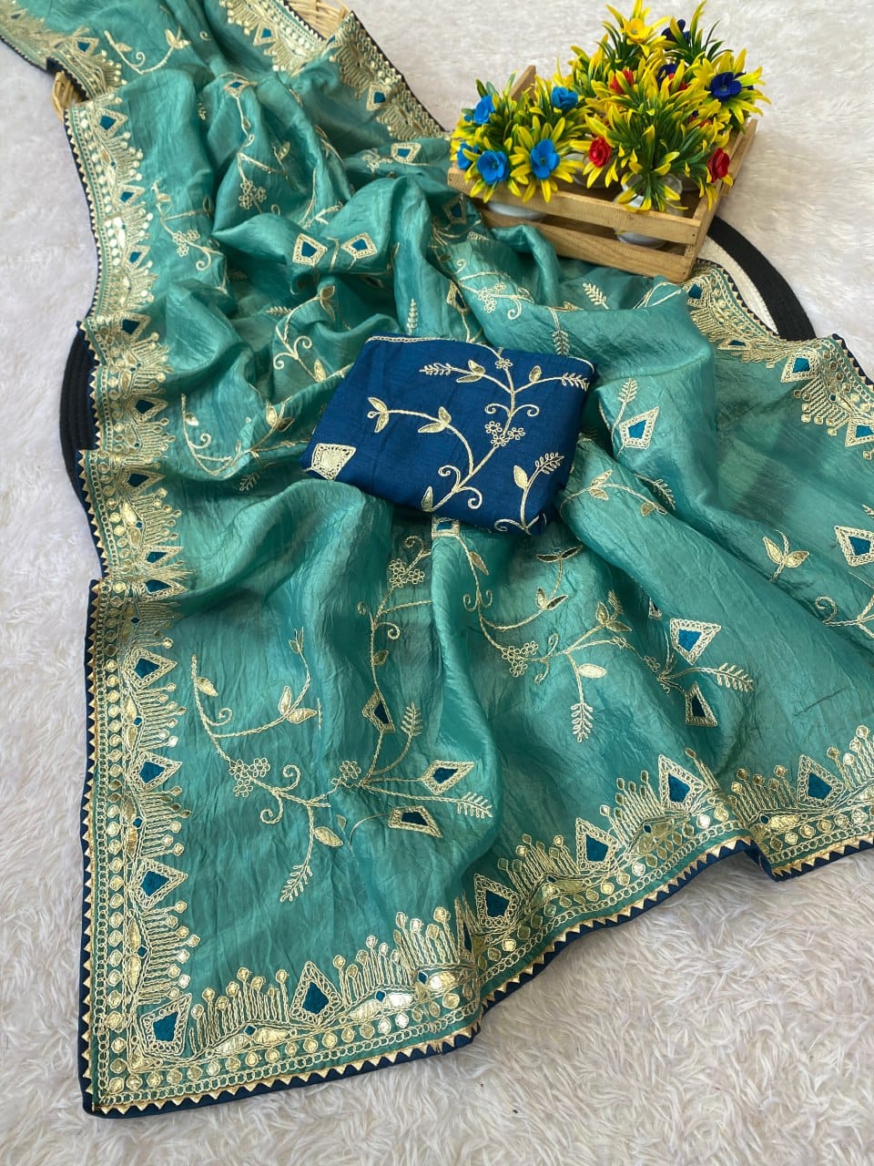 Beautiful multi-coding daga & gota embroidery border designer saree with c pallu work