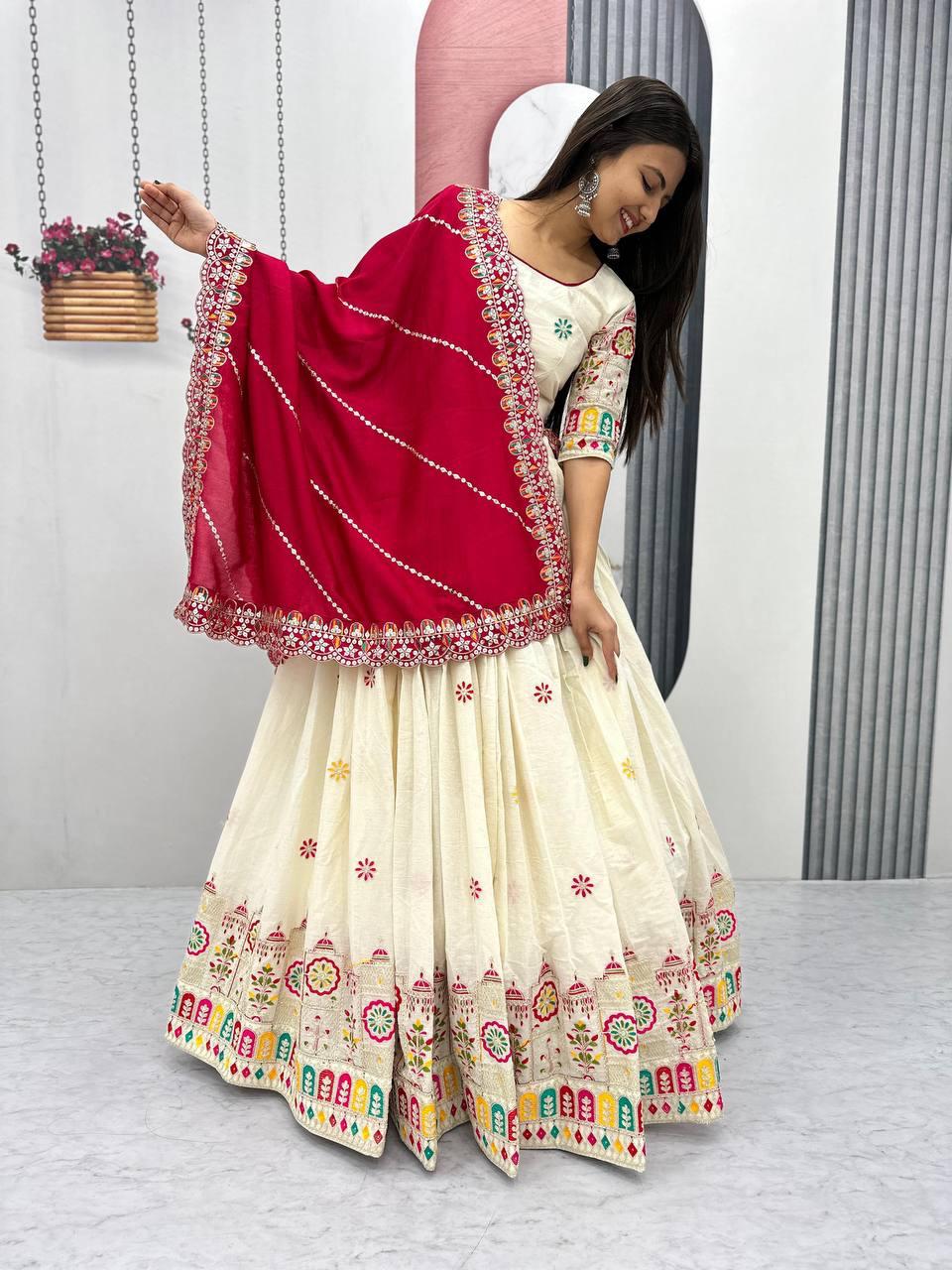 Pure Cotton Lehenga Choli Set with Embroidery Chain Work