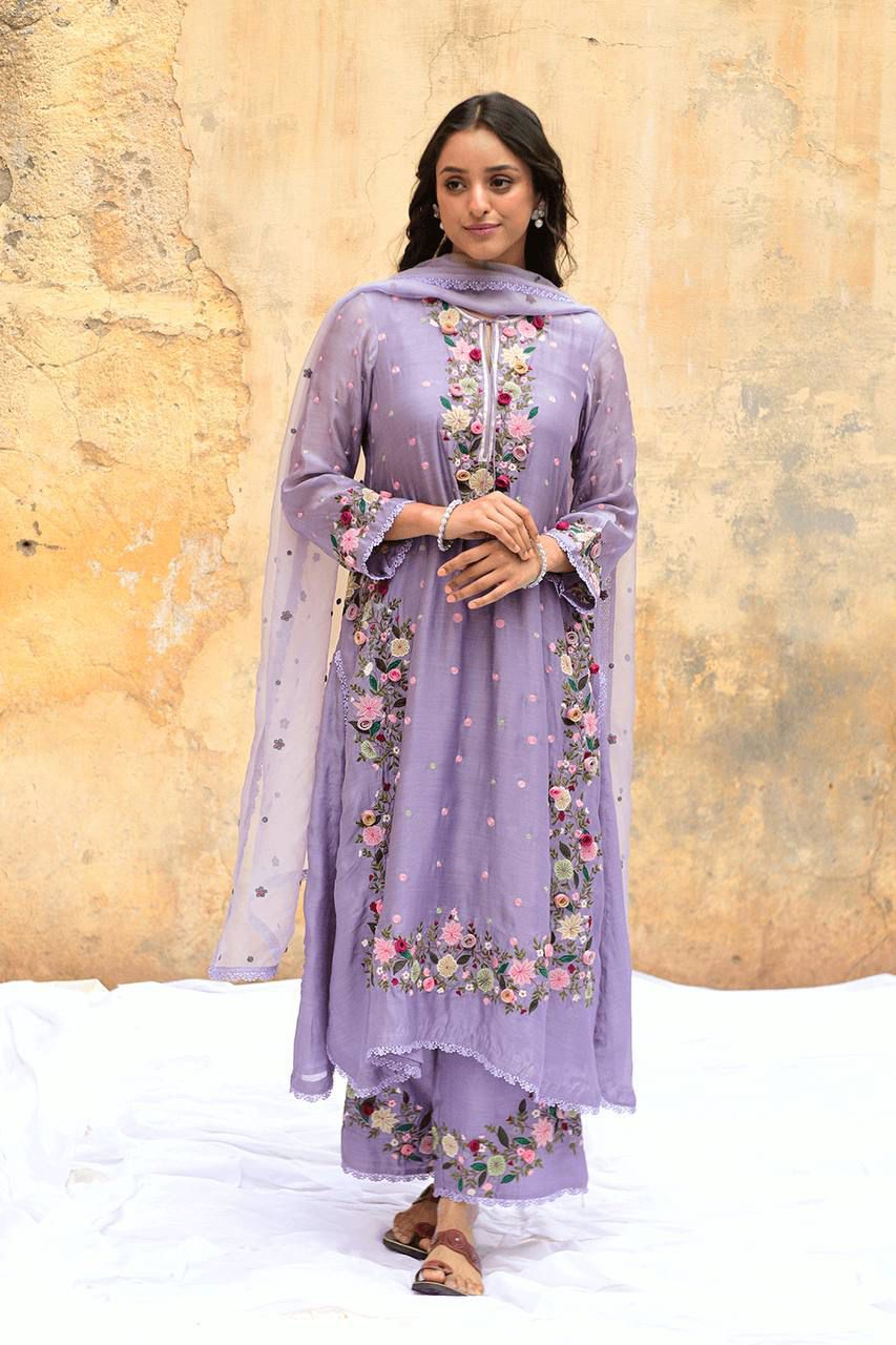 Faux Georgette Embroidery Sequence Work & Lace Border Salwar Kameez