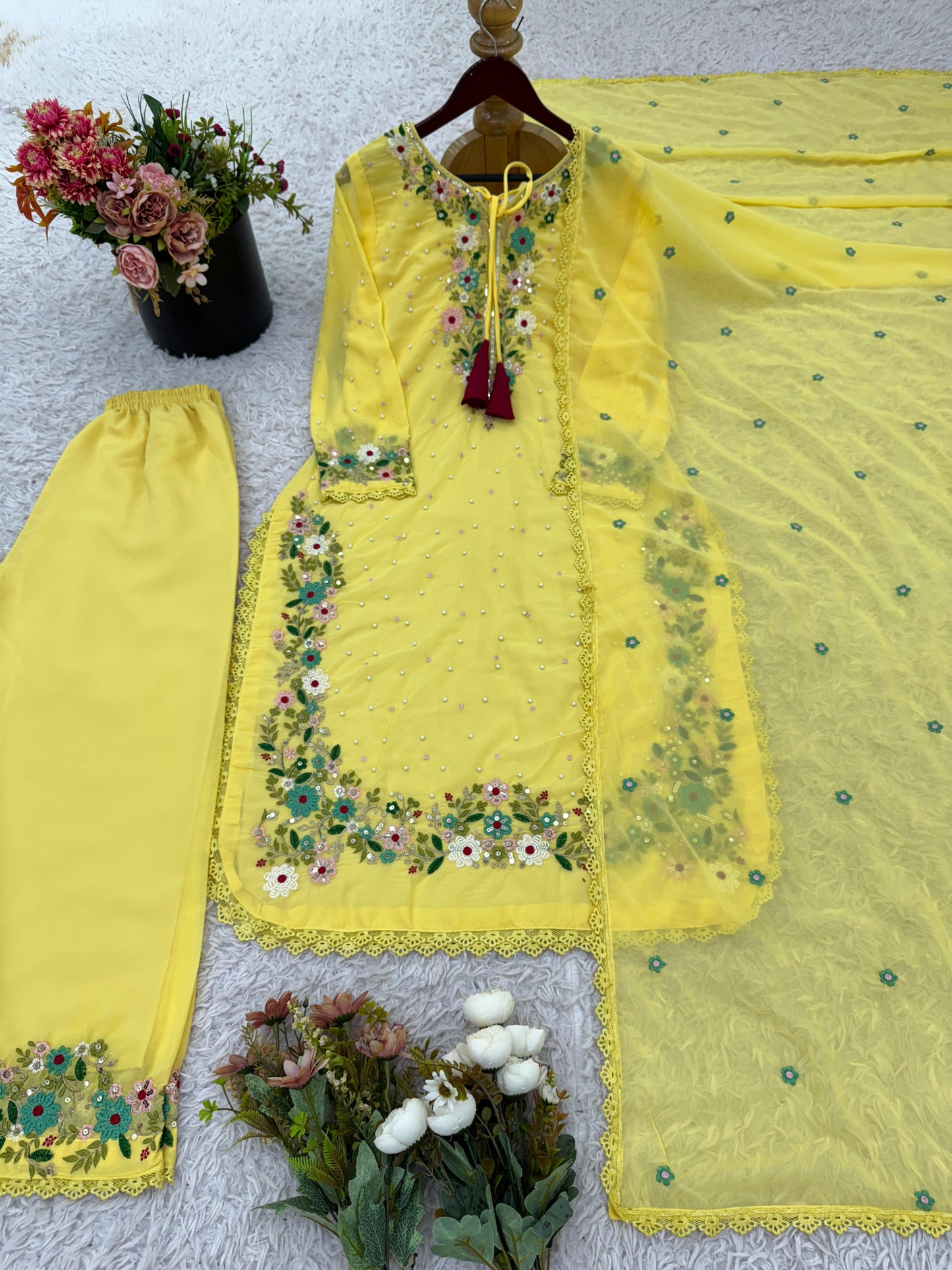 Faux Georgette Embroidery Sequence Work & Lace Border Salwar Kameez