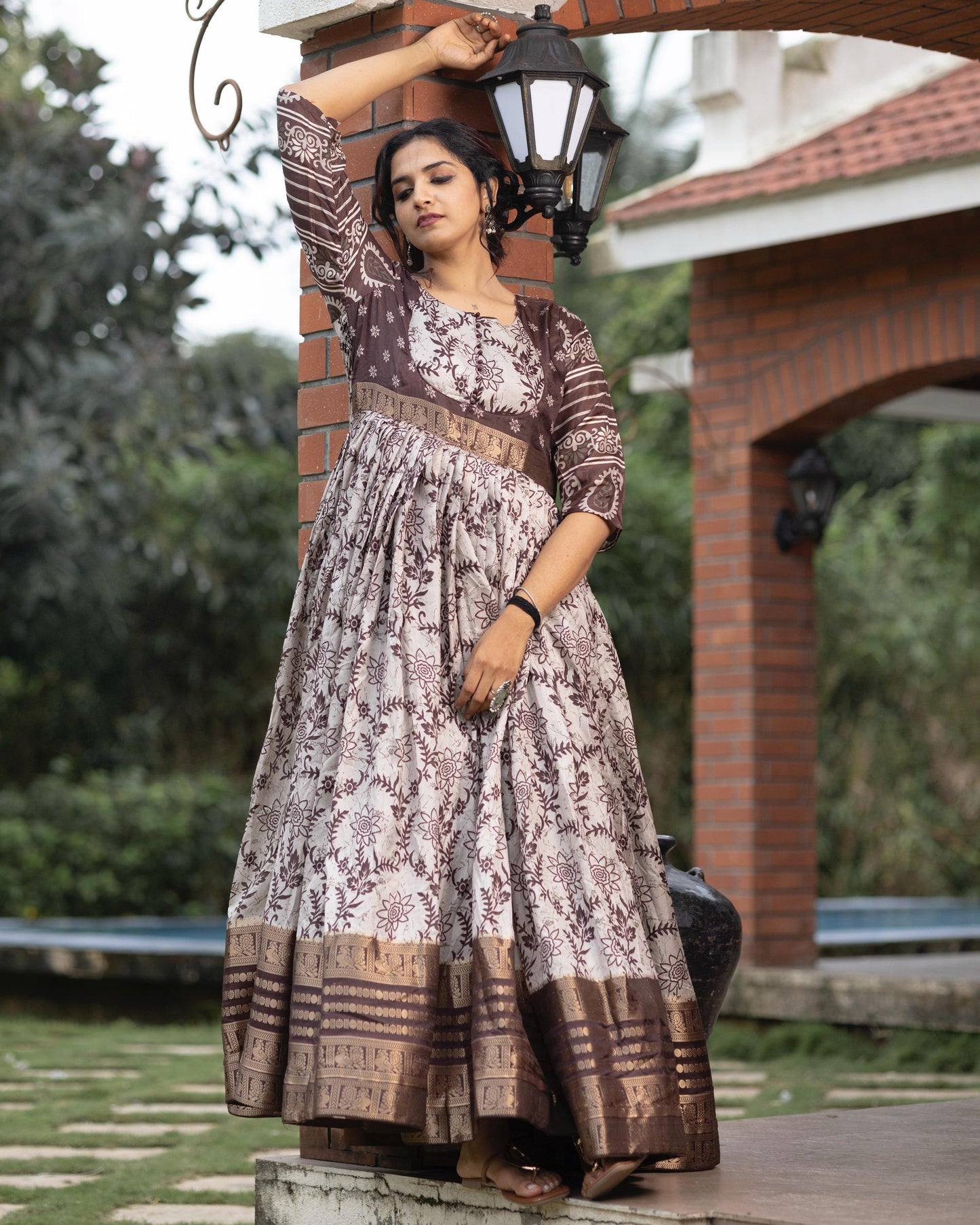 Flora Silk Long Gown With Rich Jacquard Patta Work