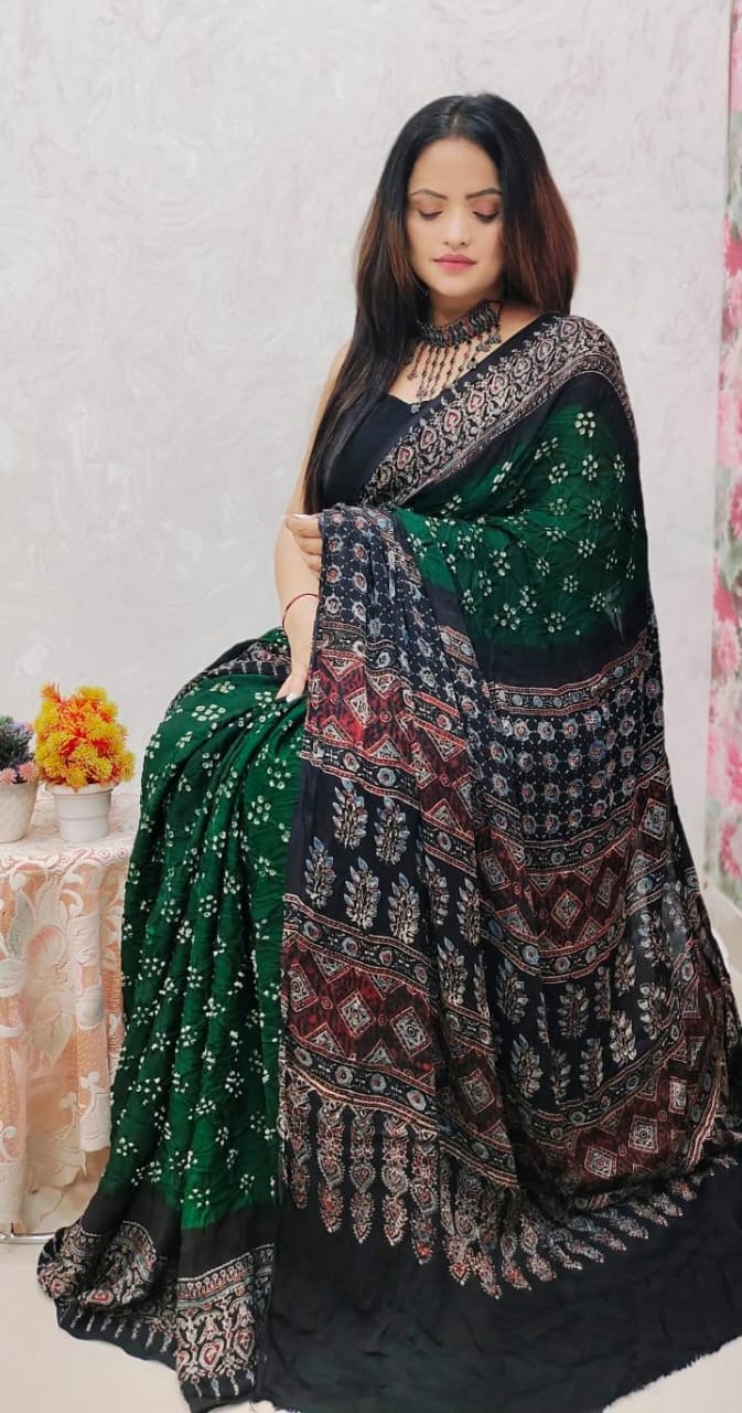 Ajrakh Modal Silk Saree & Natural Dyes with Bandhej Handwork