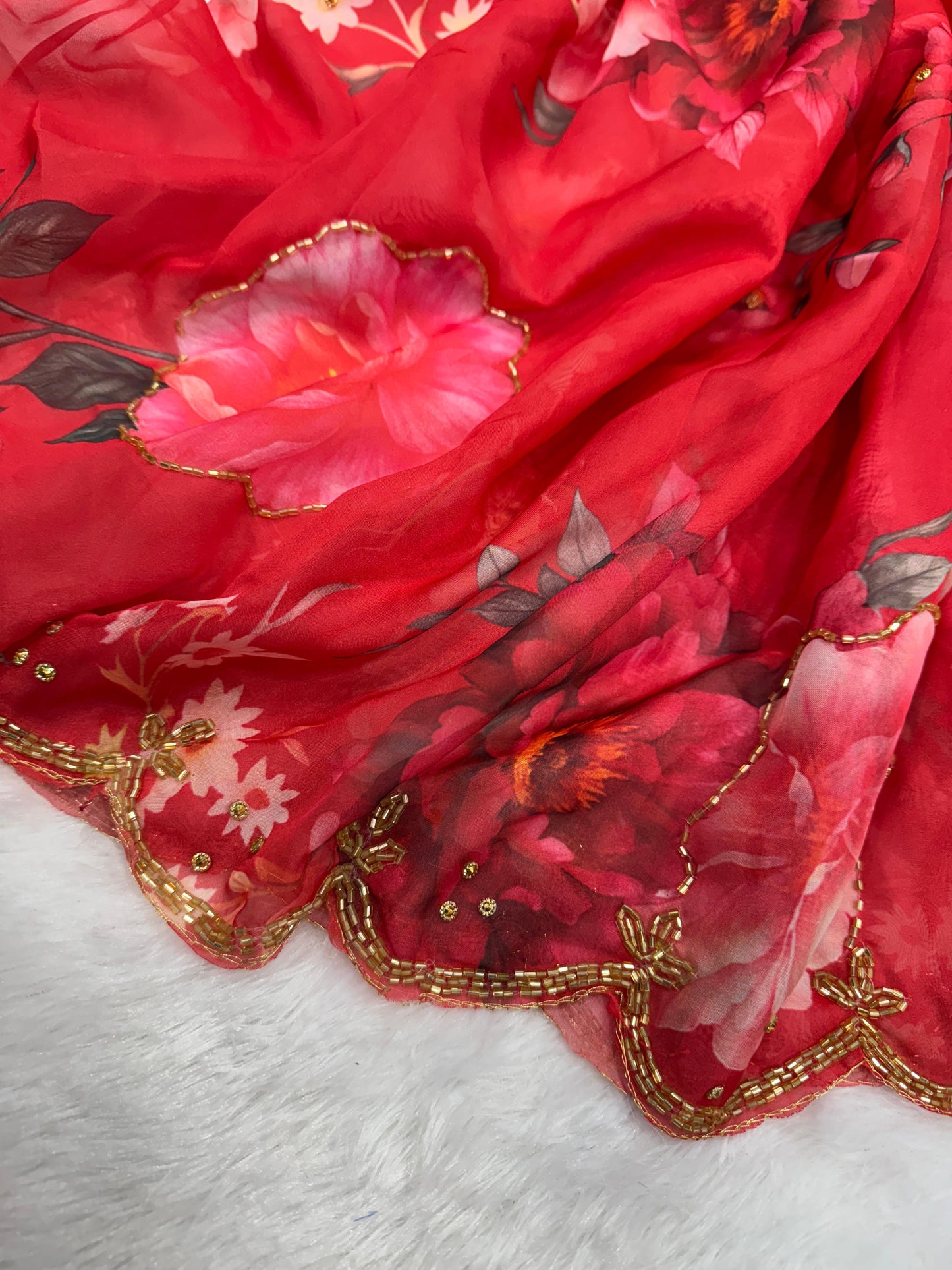 Floral Print Tabby Silk Saree with Katdana work with Satin Blouse