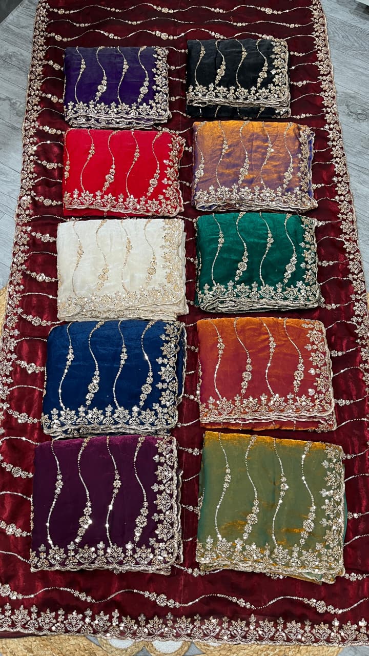 Embroidered pure space silk saree ,Velvet Shine, Sequence & Cutdana Handwork