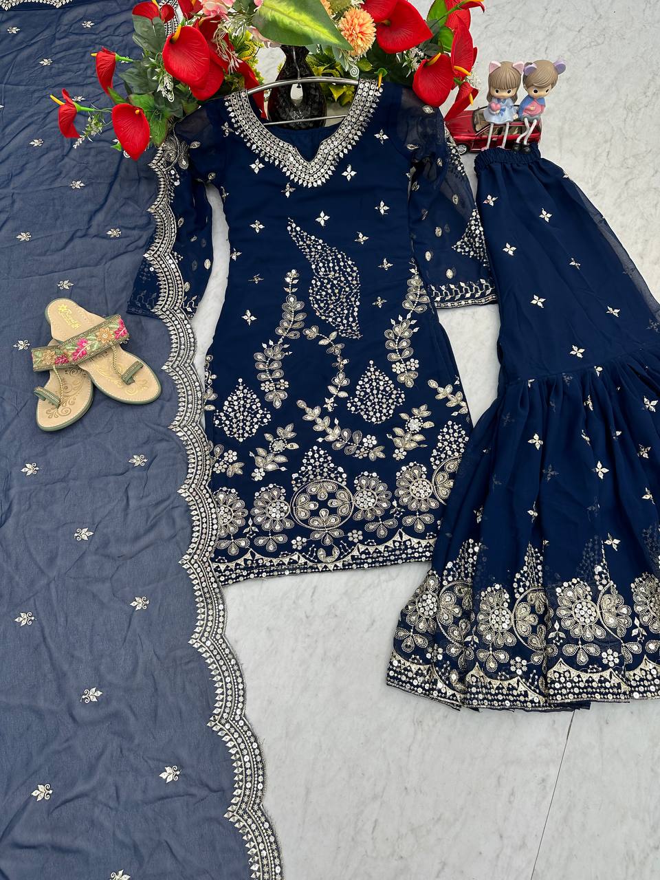 Pure Georgette Heavy Embroidery, Thread & Sequins Detailing Sharara Set with Dupatta
