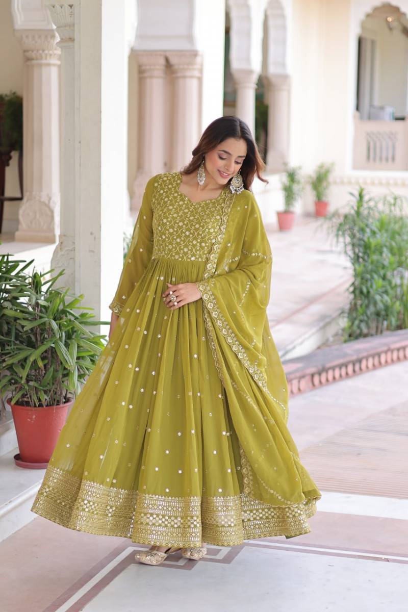 Embroidered Anarkali Gown Set: Faux Georgette Zari Thread, Sequins, Dupatta
