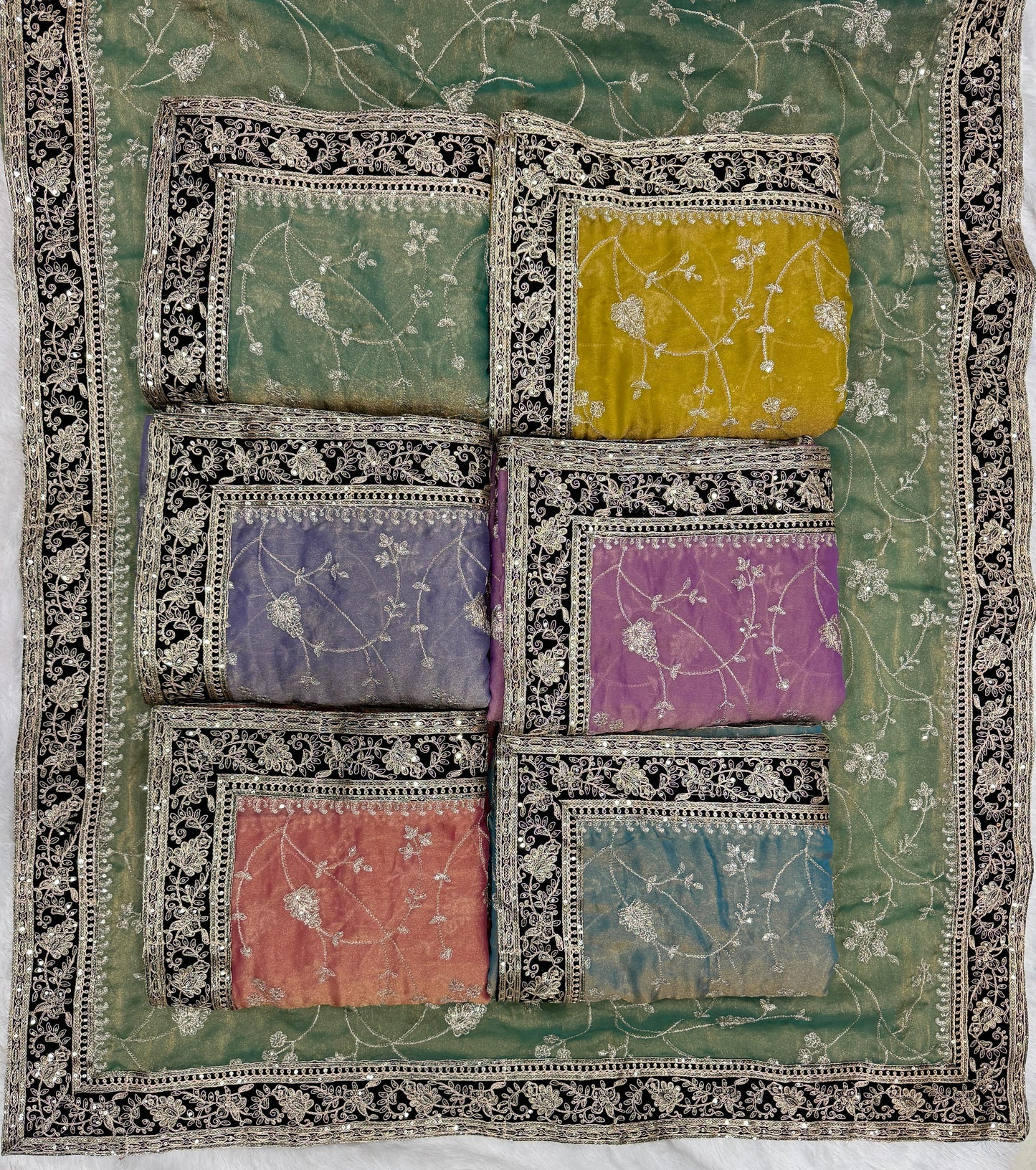 Moss Silk Saree with Zari & Sequins Embroidery work with velvet lace border